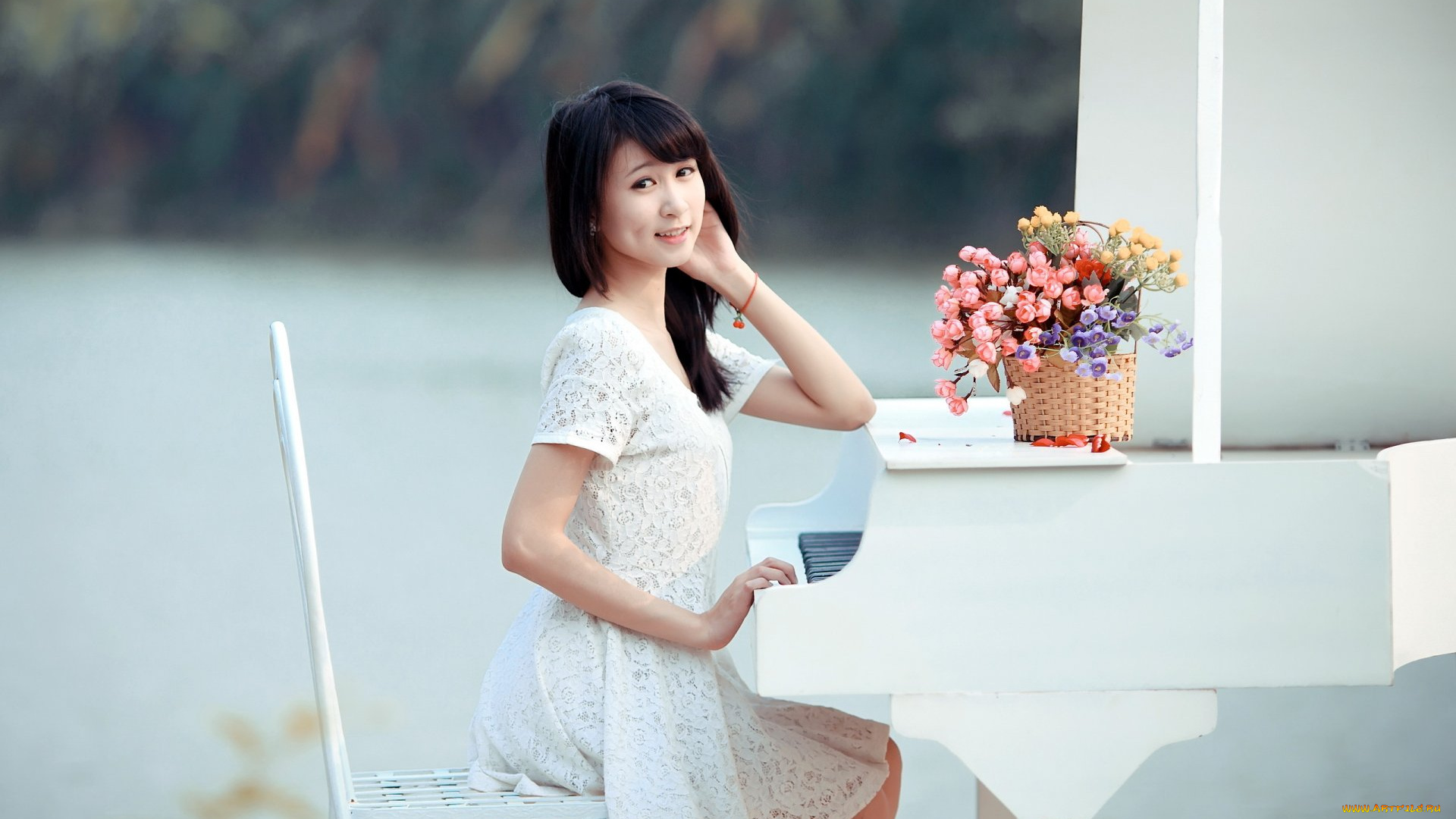 музыка, -другое, пианино, взгляд, девушка, букет, цветы, азиатка