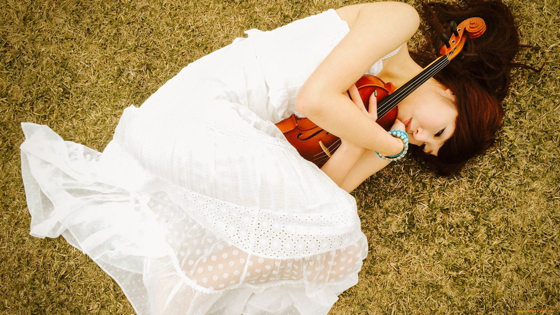 музыка, -другое, трава, азиатка, скрипка, девушка, отдых