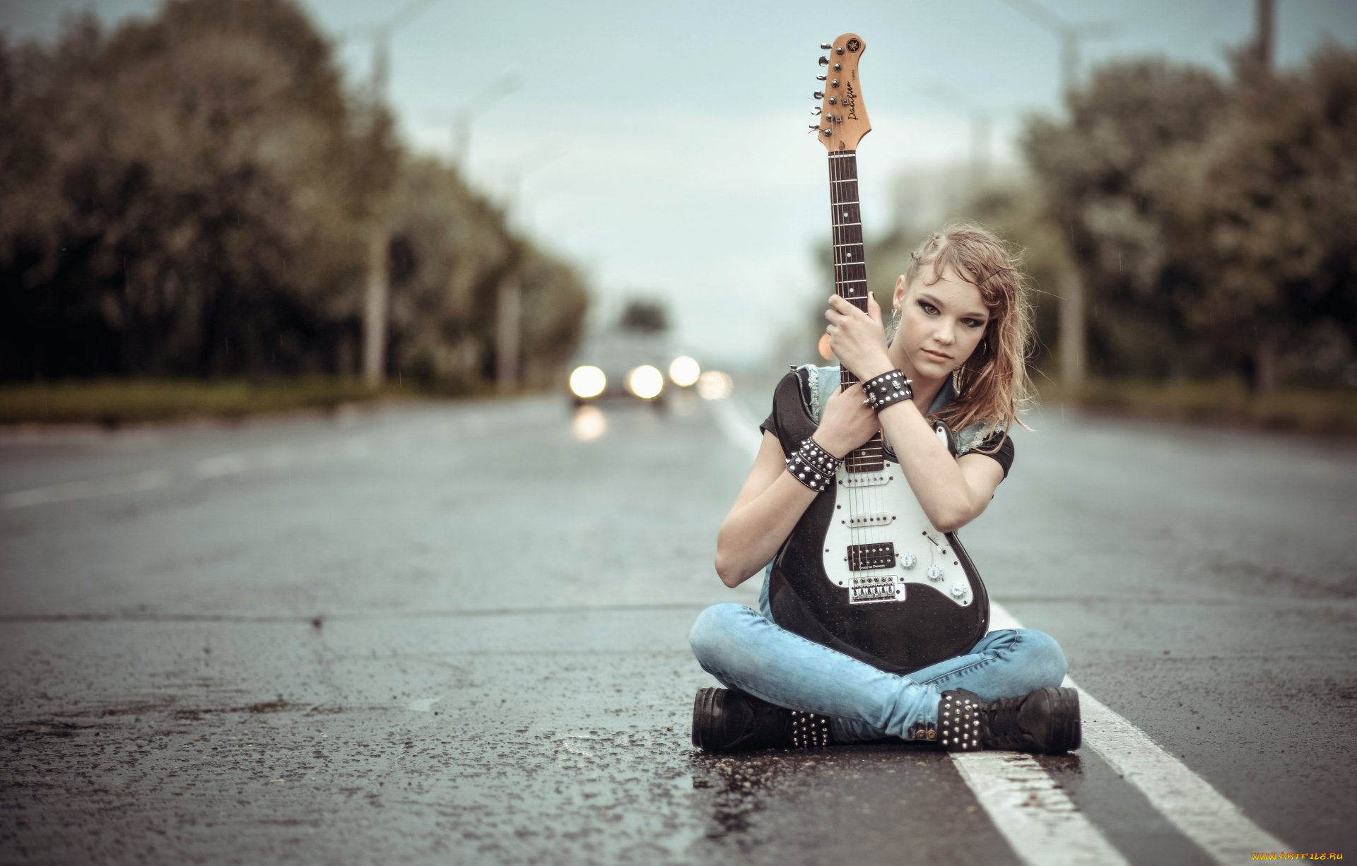 музыка, -другое, макияж, гитара, взгляд, девушка, дорога