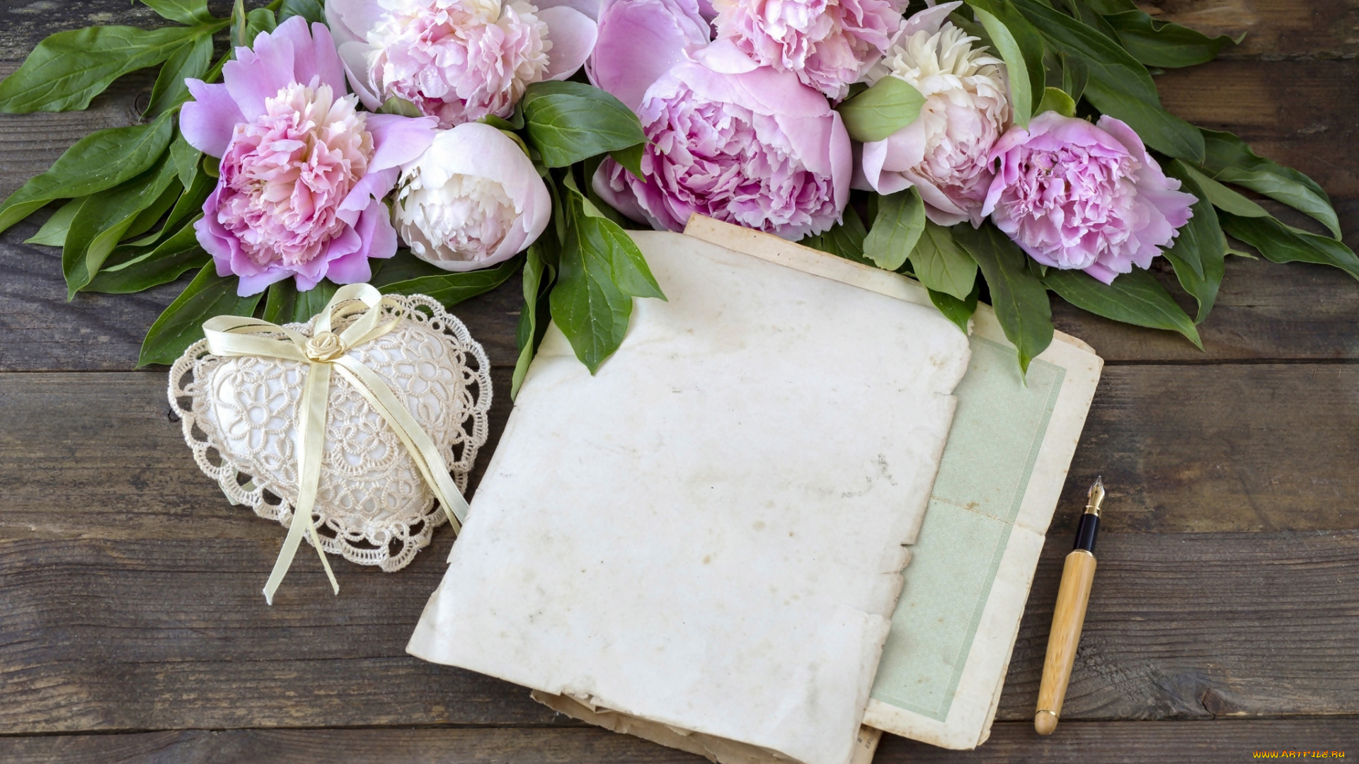 цветы, пионы, сердце, ручка