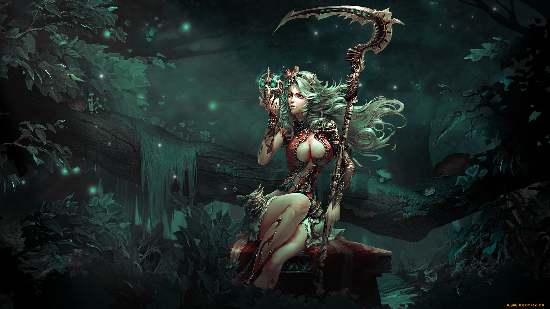 фэнтези, маги, , волшебники, череп, фон, девушка, коса