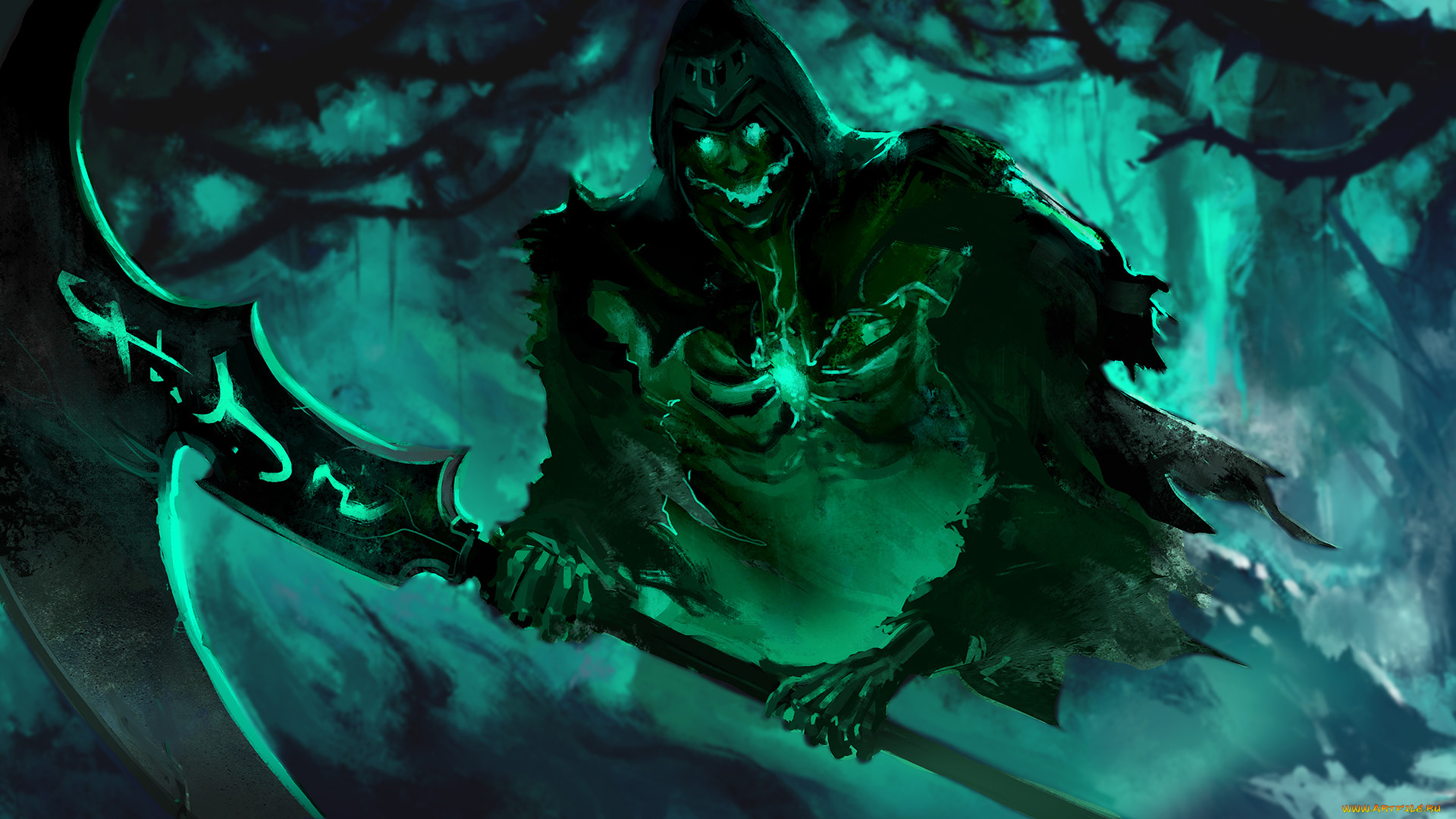 фэнтези, нежить, скелет, секира, взгляд, фон