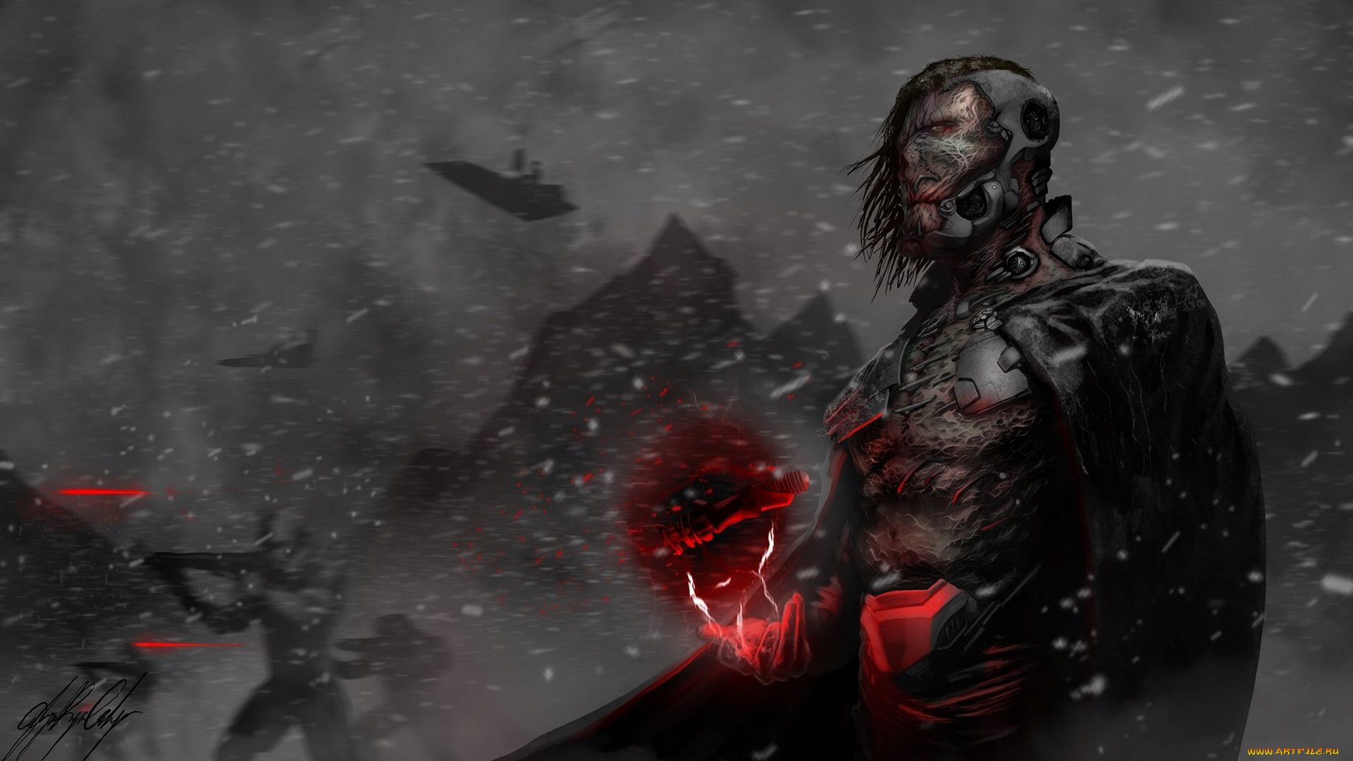 фэнтези, существа, скалы, снег, магия, плащ, монстр