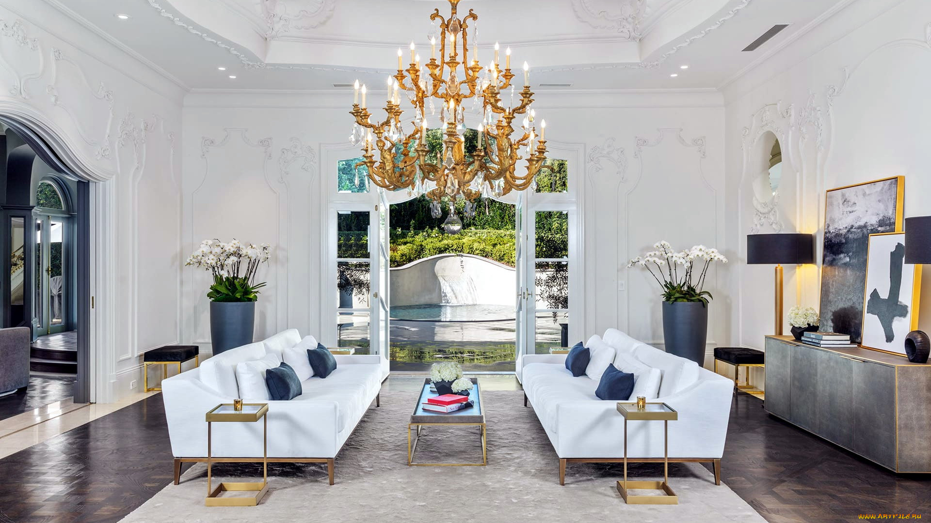 интерьер, гостиная, диваны, люстра