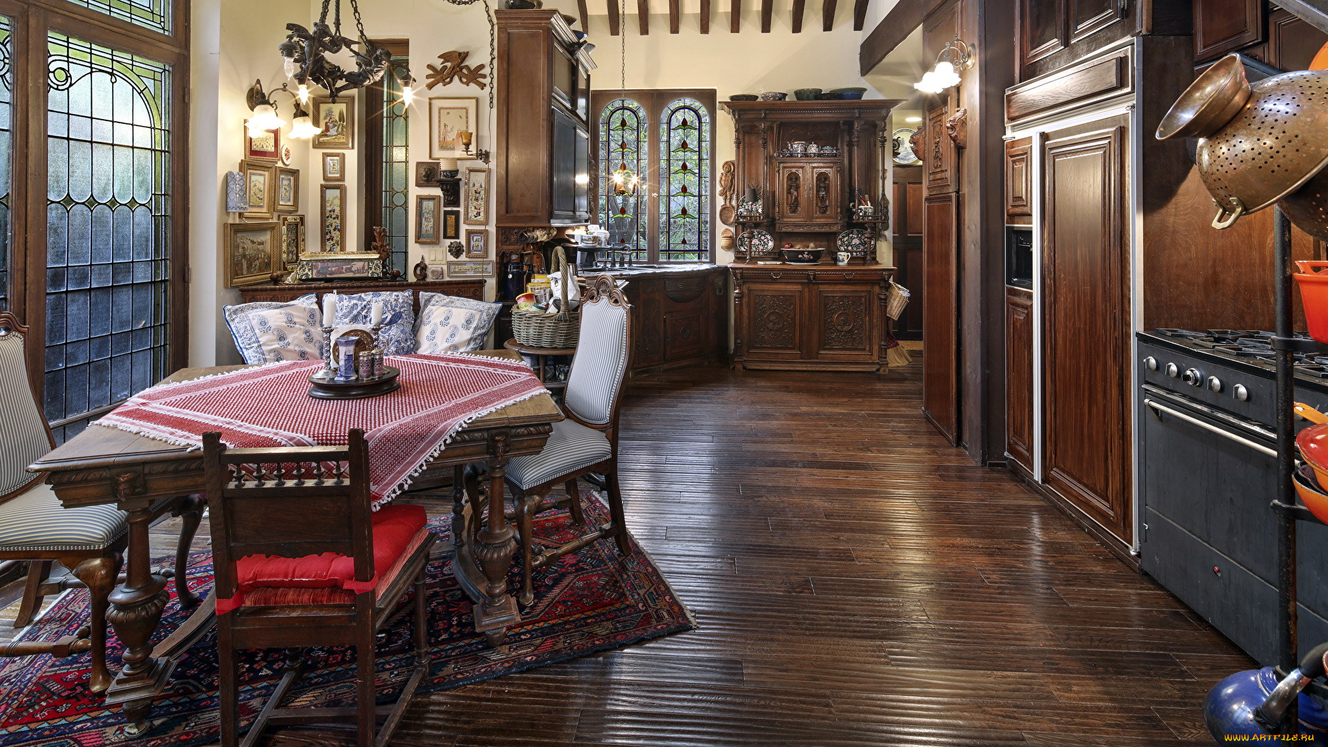 интерьер, кухня, плита, ковер, стол