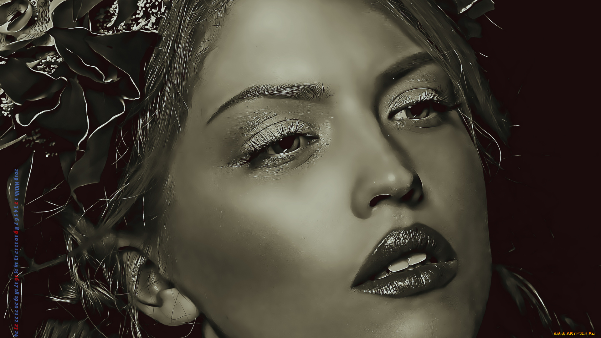 календари, компьютерный, дизайн, цветы, макияж, венок, лицо, девушка