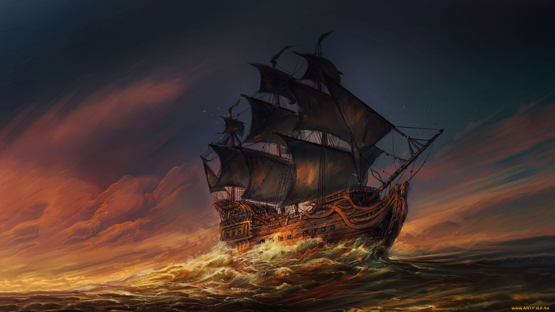 рисованное, живопись, парусник