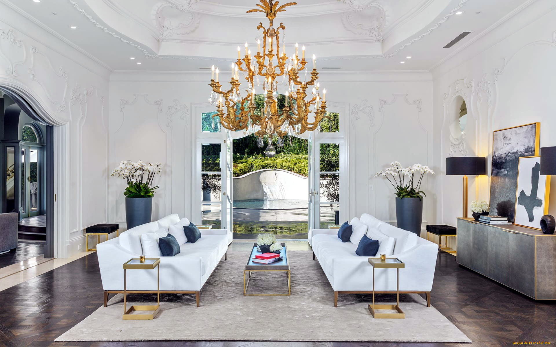 интерьер, гостиная, диваны, люстра