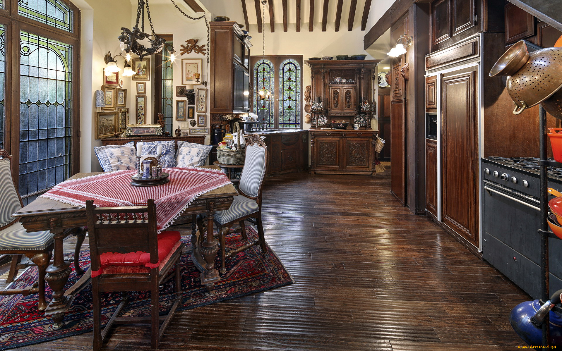 интерьер, кухня, плита, ковер, стол