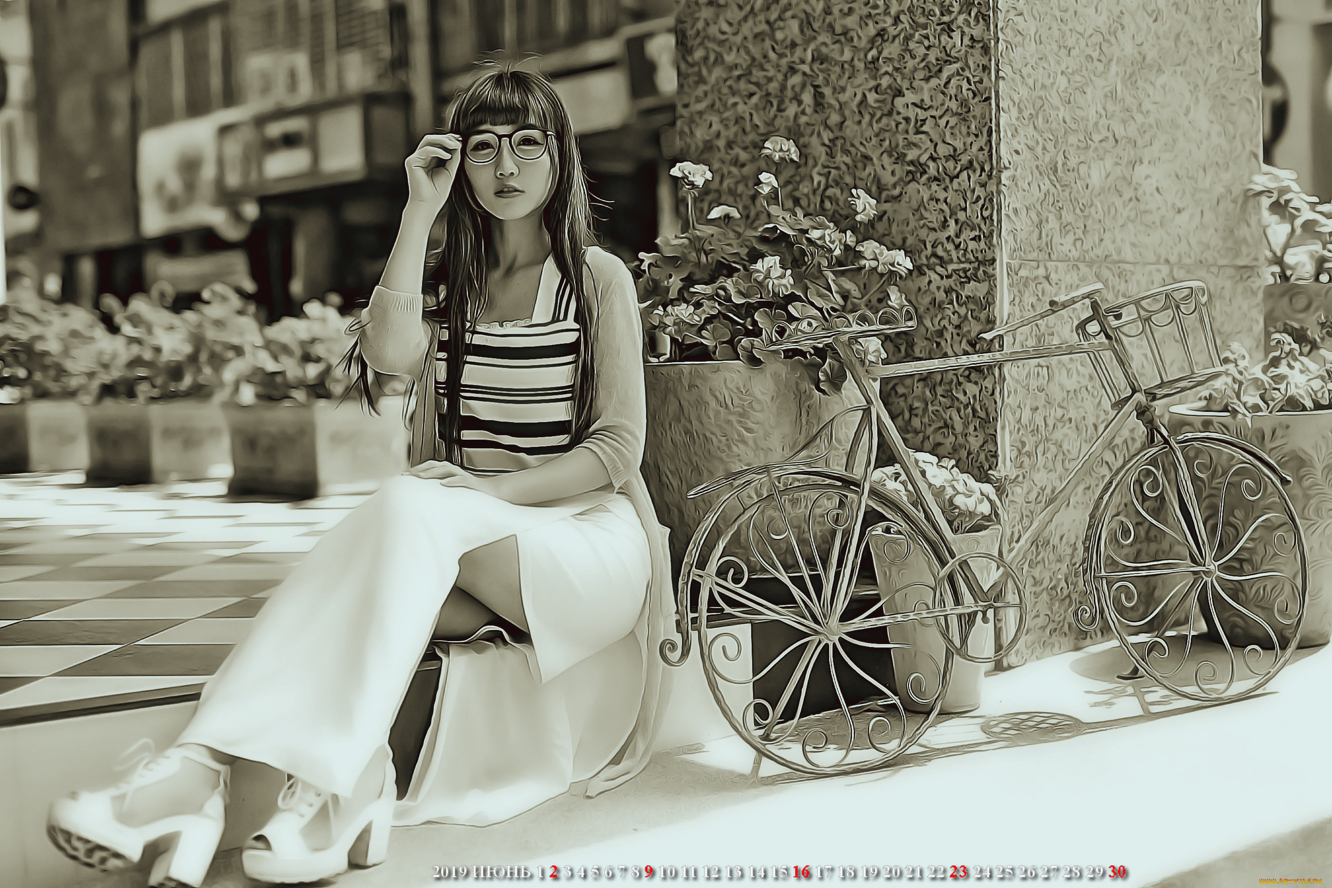 календари, компьютерный, дизайн, девушка, азиатка, улица, велосипед, calendar, сидеть, очки