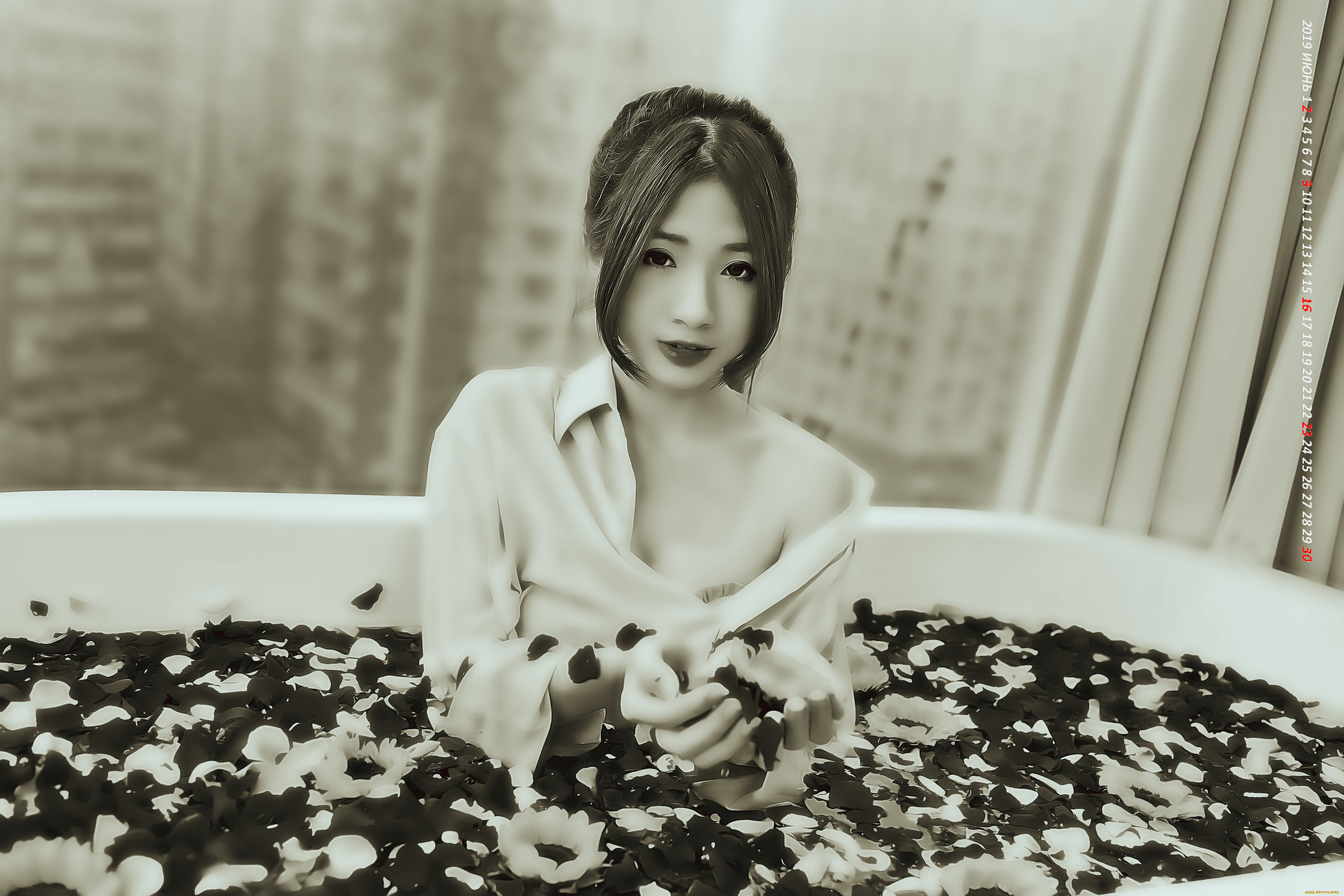 календари, компьютерный, дизайн, окно, calendar, цветы, ванна, взгляд, девушка, азиатка