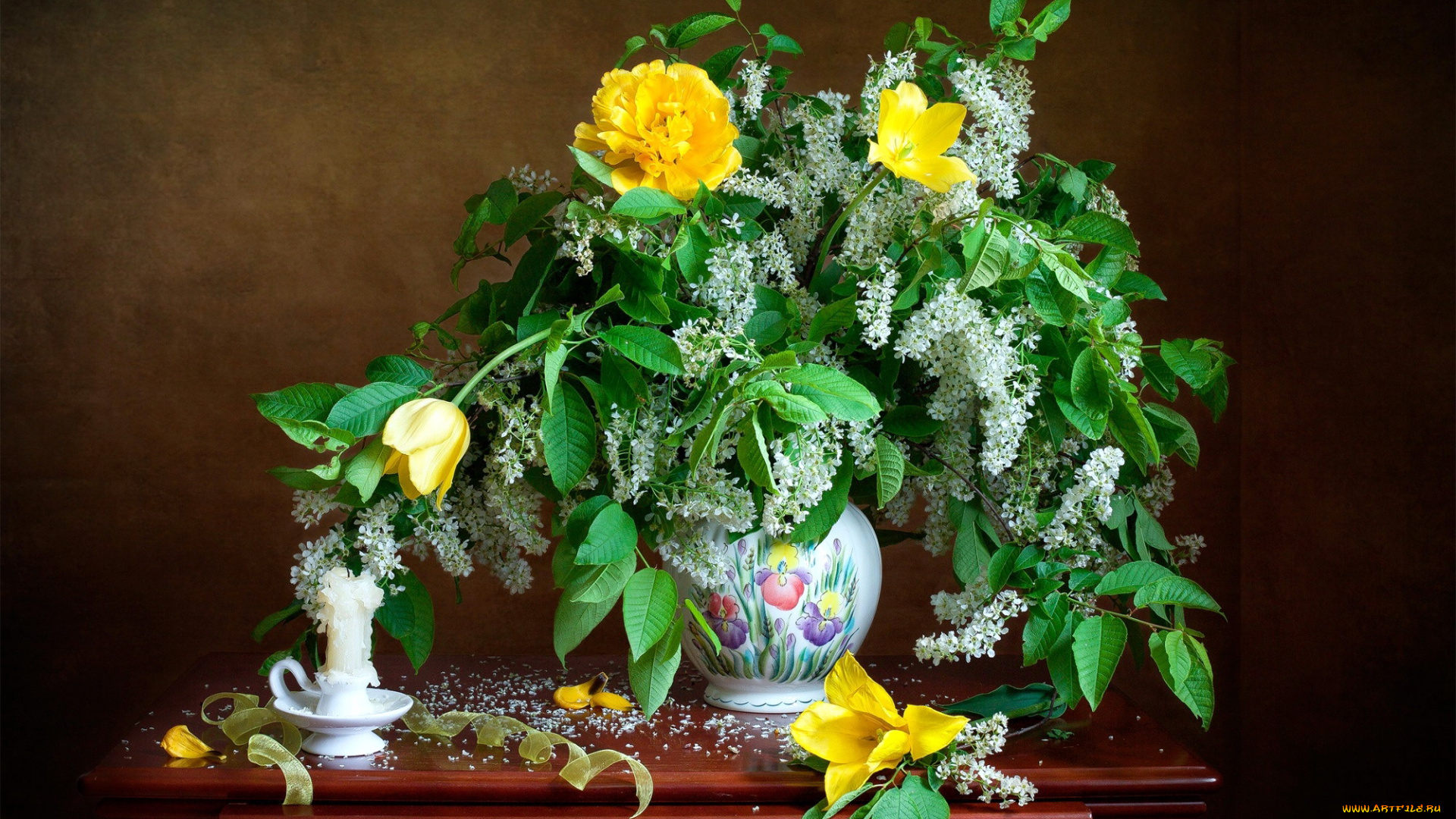 цветы, букеты, , композиции, черемуха, тюльпаны