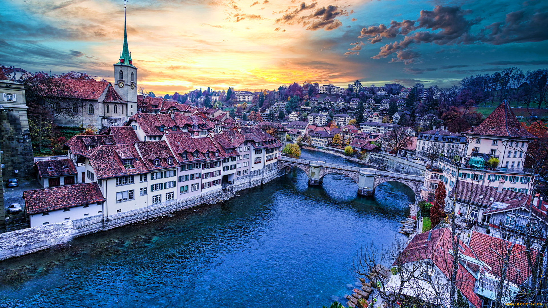 города, берн, , швейцария, река, мост, закат