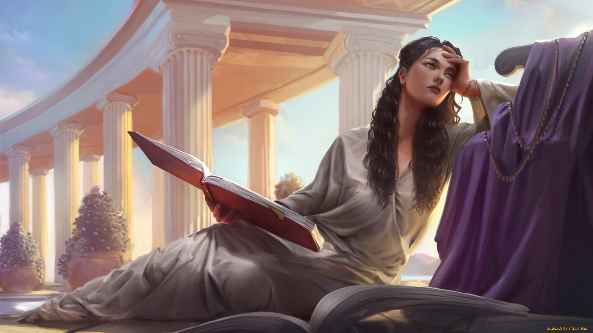 рисованное, люди, девушка, фон, колонна