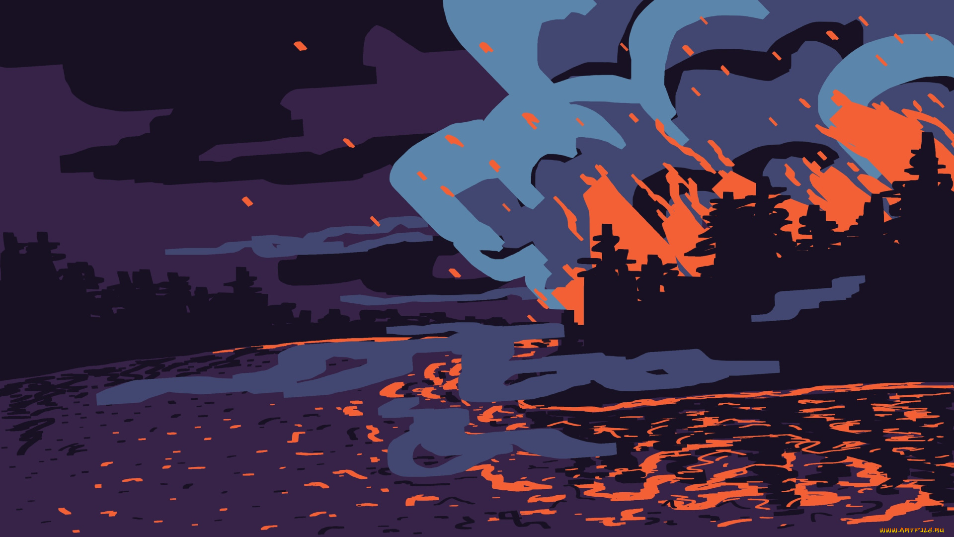 векторная, графика, природа, , nature, река, лес, пожар