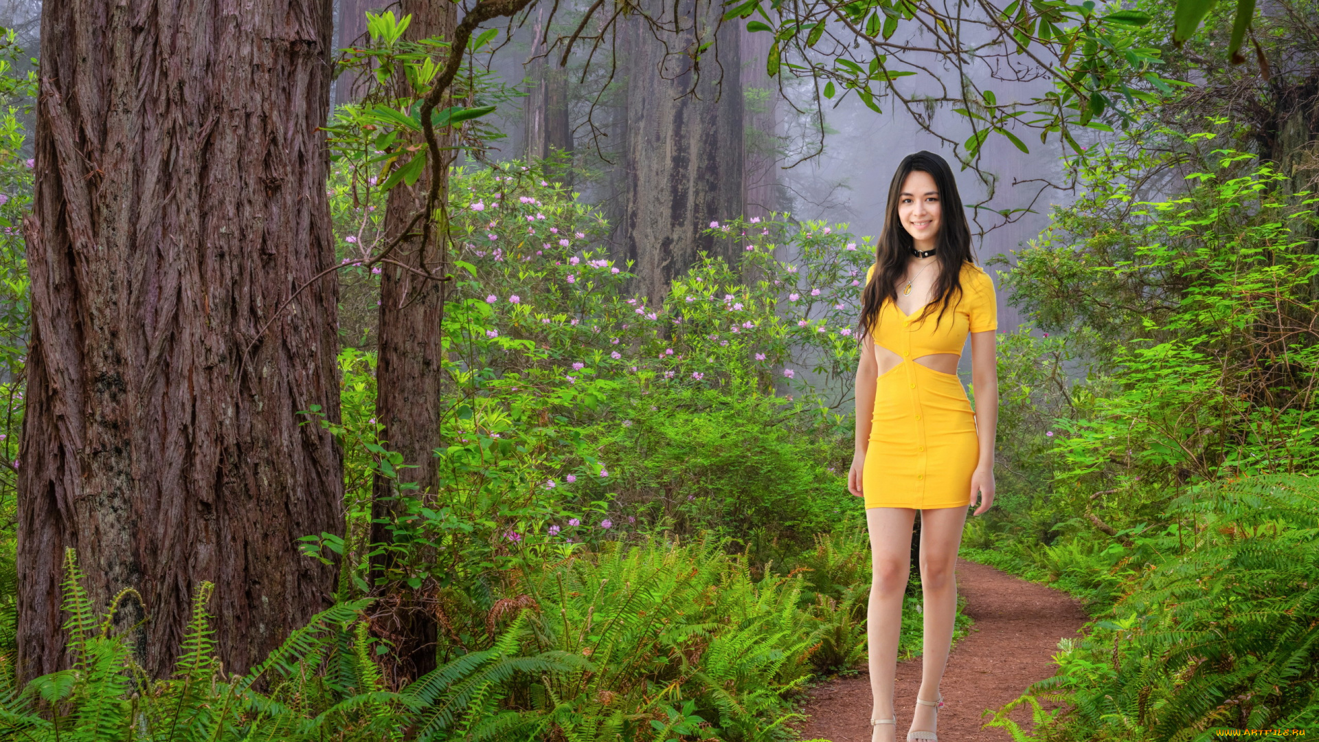 девушки, -, брюнетки, , шатенки, парк, аллея, брюнетка, платье, мини, улыбка