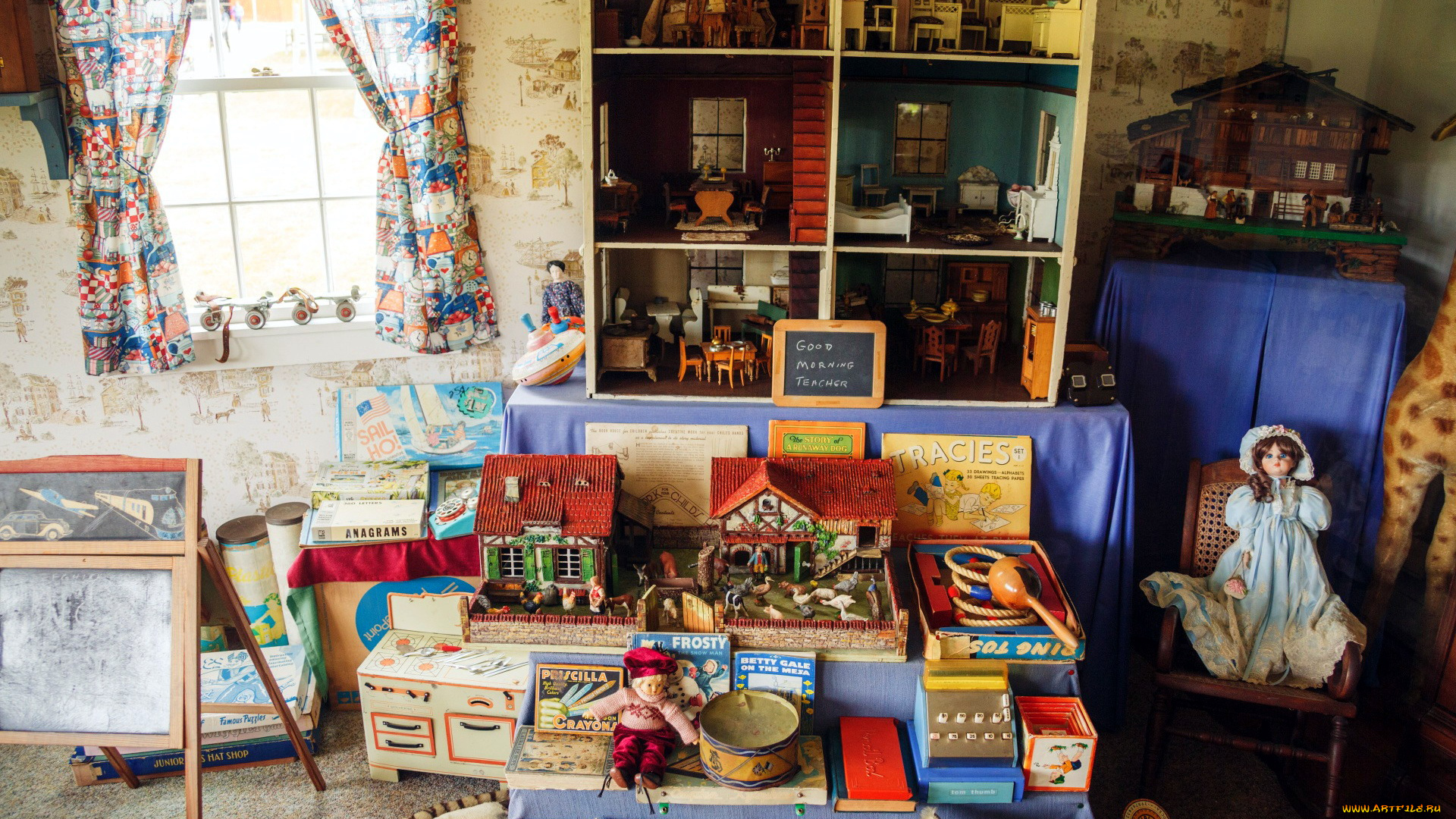 интерьер, детская, комната, винтажные, игрушки