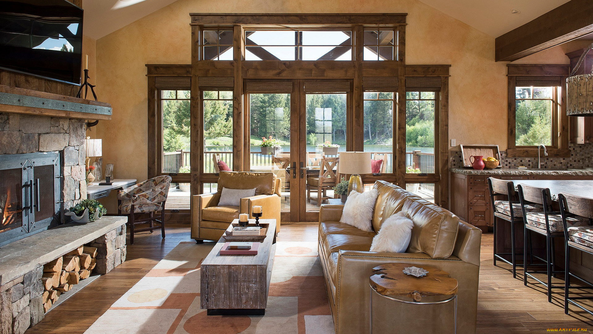 интерьер, гостиная, камин, дрова, диван, кресло