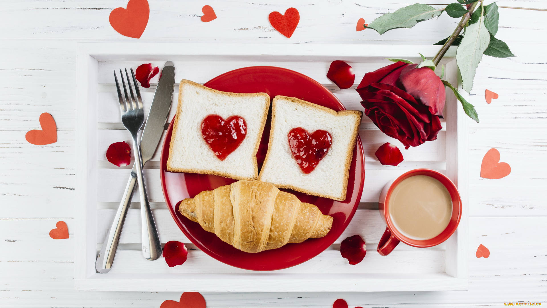 праздничные, день, святого, валентина, , сердечки, , любовь, кофе, круассан, роза, сердечки, тосты, завтрак
