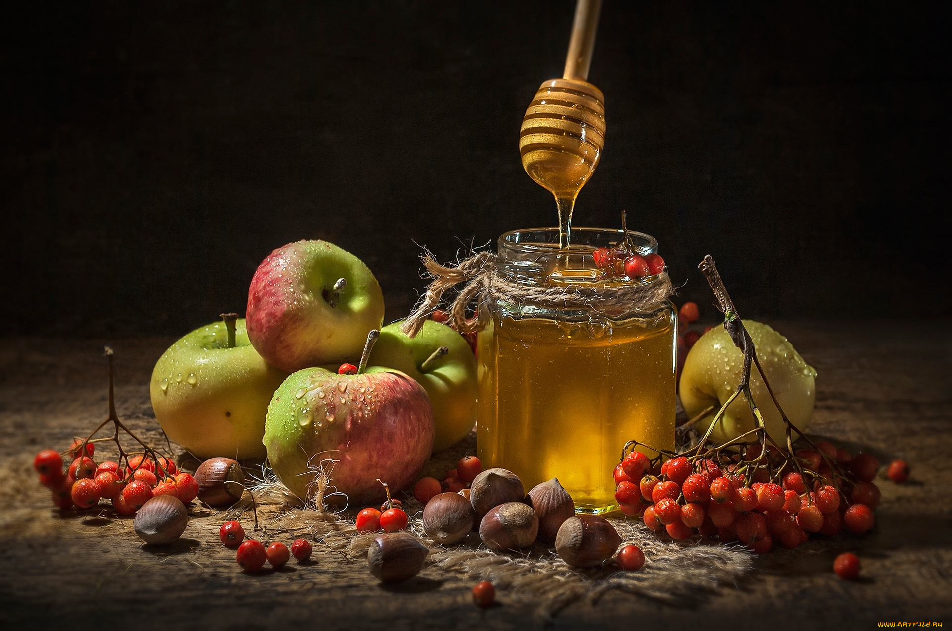 еда, разное, яблоки, мед, орехи, рябина
