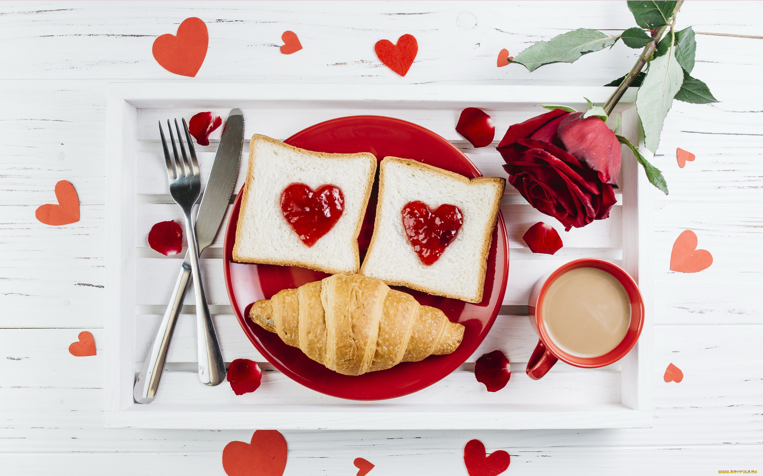 праздничные, день, святого, валентина, , сердечки, , любовь, кофе, круассан, роза, сердечки, тосты, завтрак