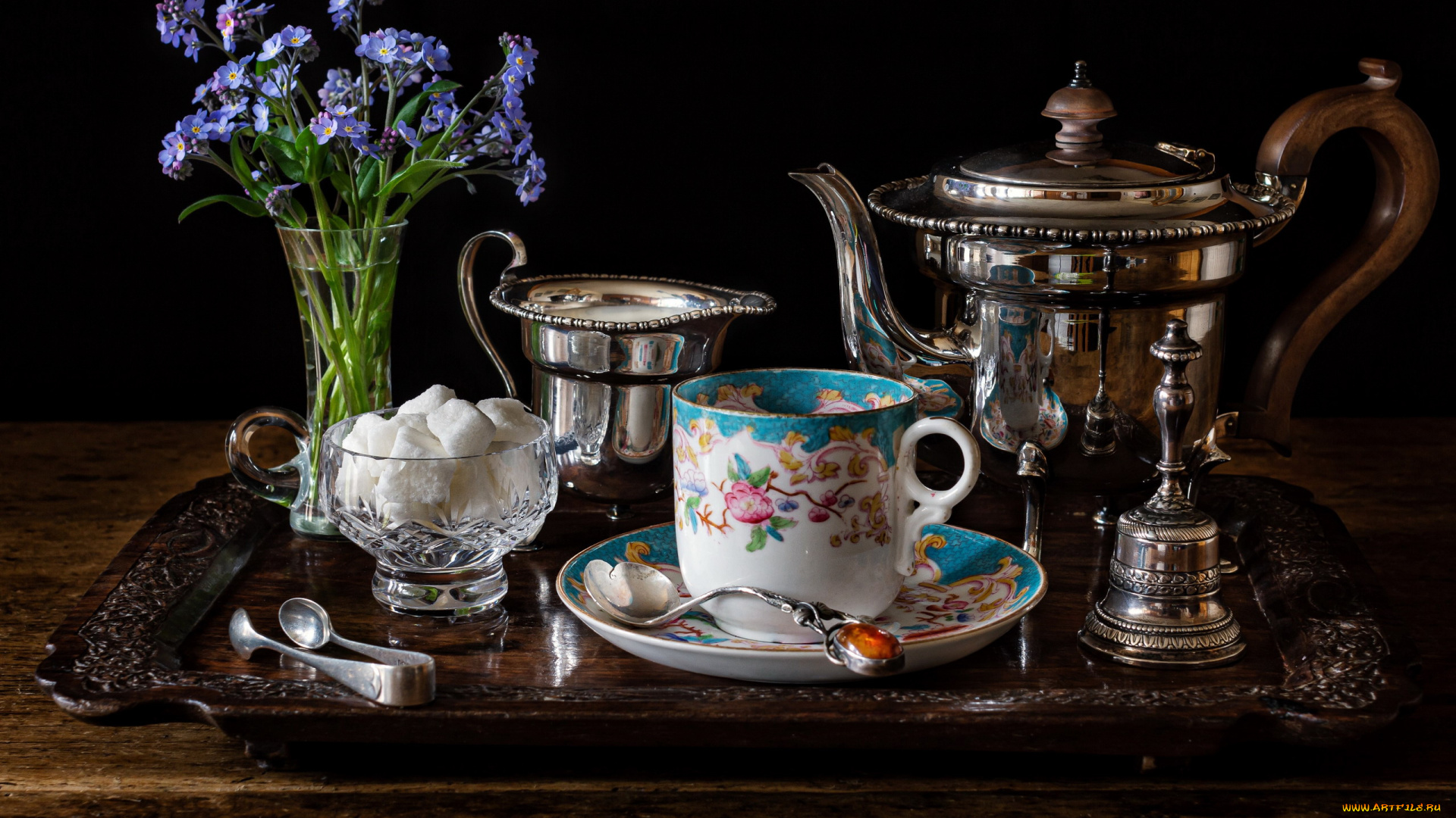 еда, натюрморт, поднос, сахар, чайник, незабудки, колокольчик, сливки