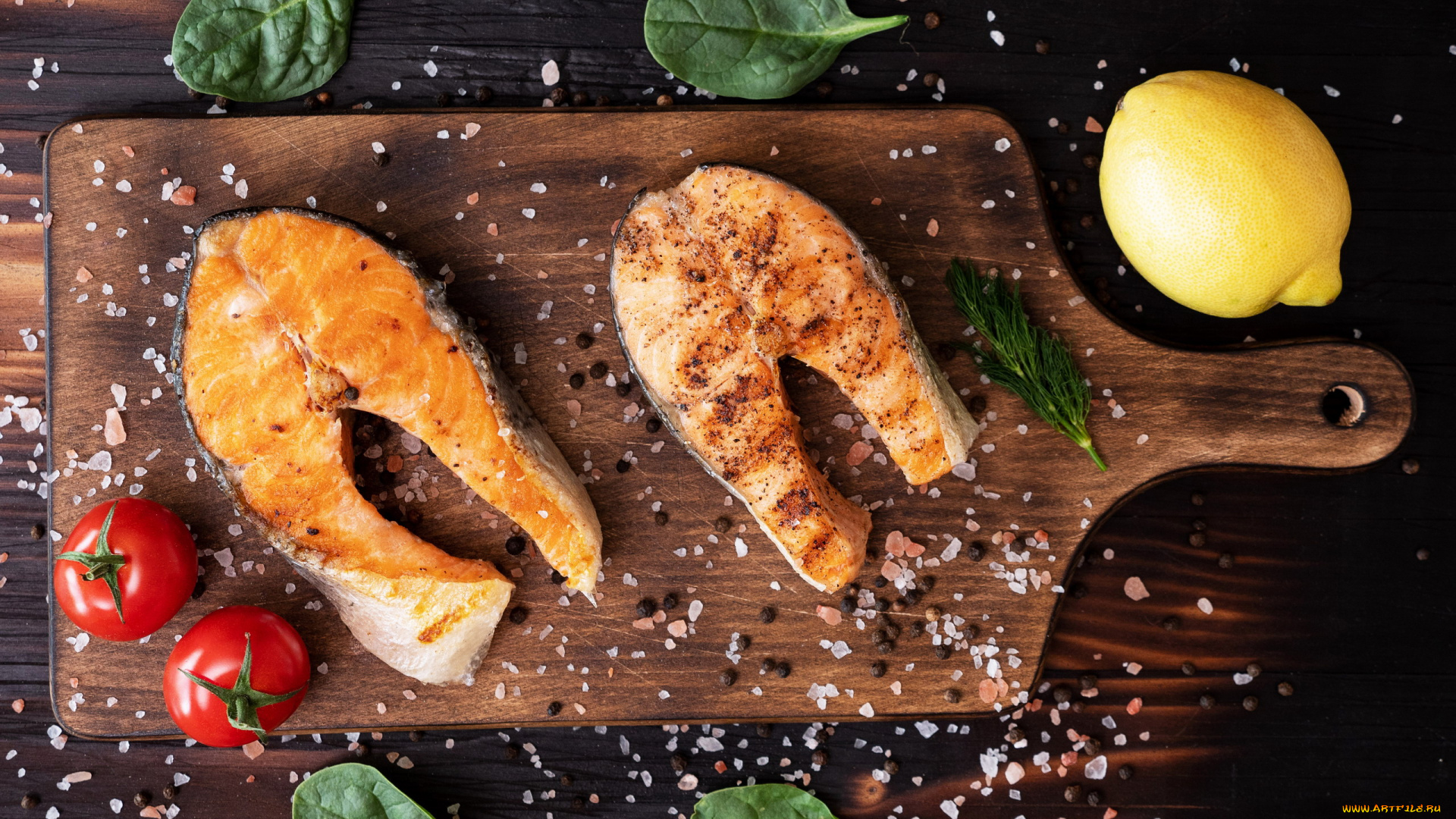 еда, рыбные, блюда, , с, морепродуктами, лимон, помидоры, форель, соль