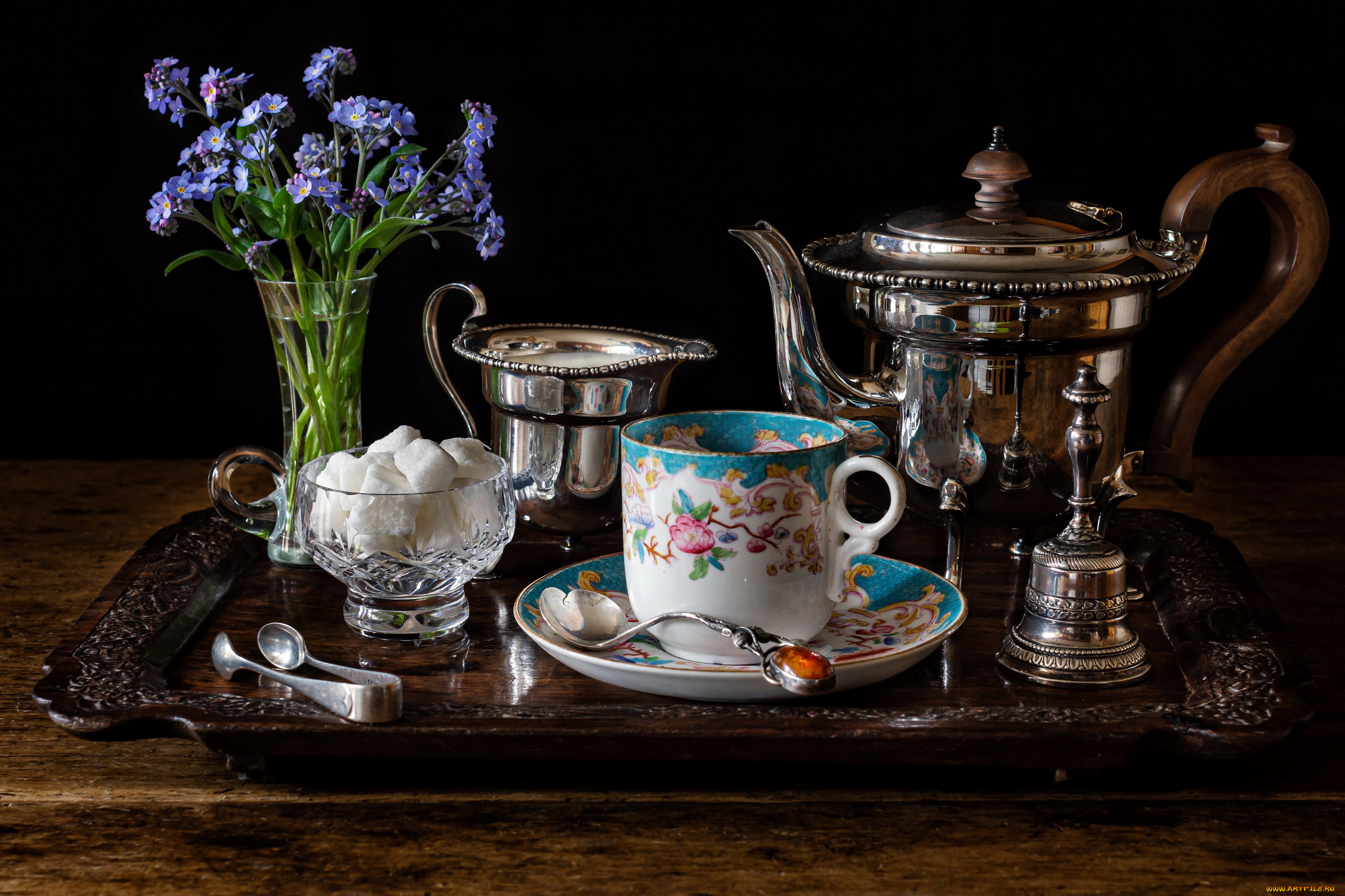 еда, натюрморт, поднос, сахар, чайник, незабудки, колокольчик, сливки