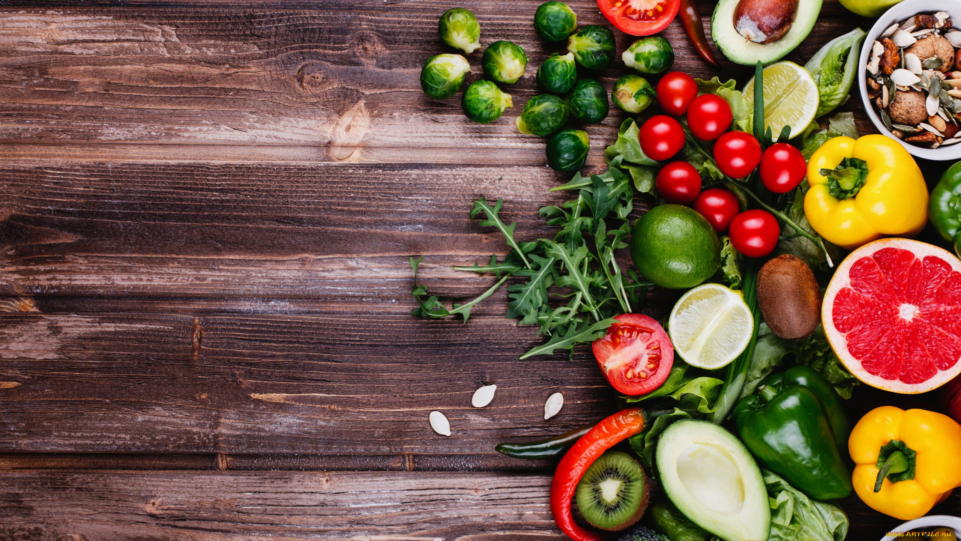 еда, фрукты, и, овощи, вместе, авокадо, киви, грейпфрут, перец, помидоры, зелень