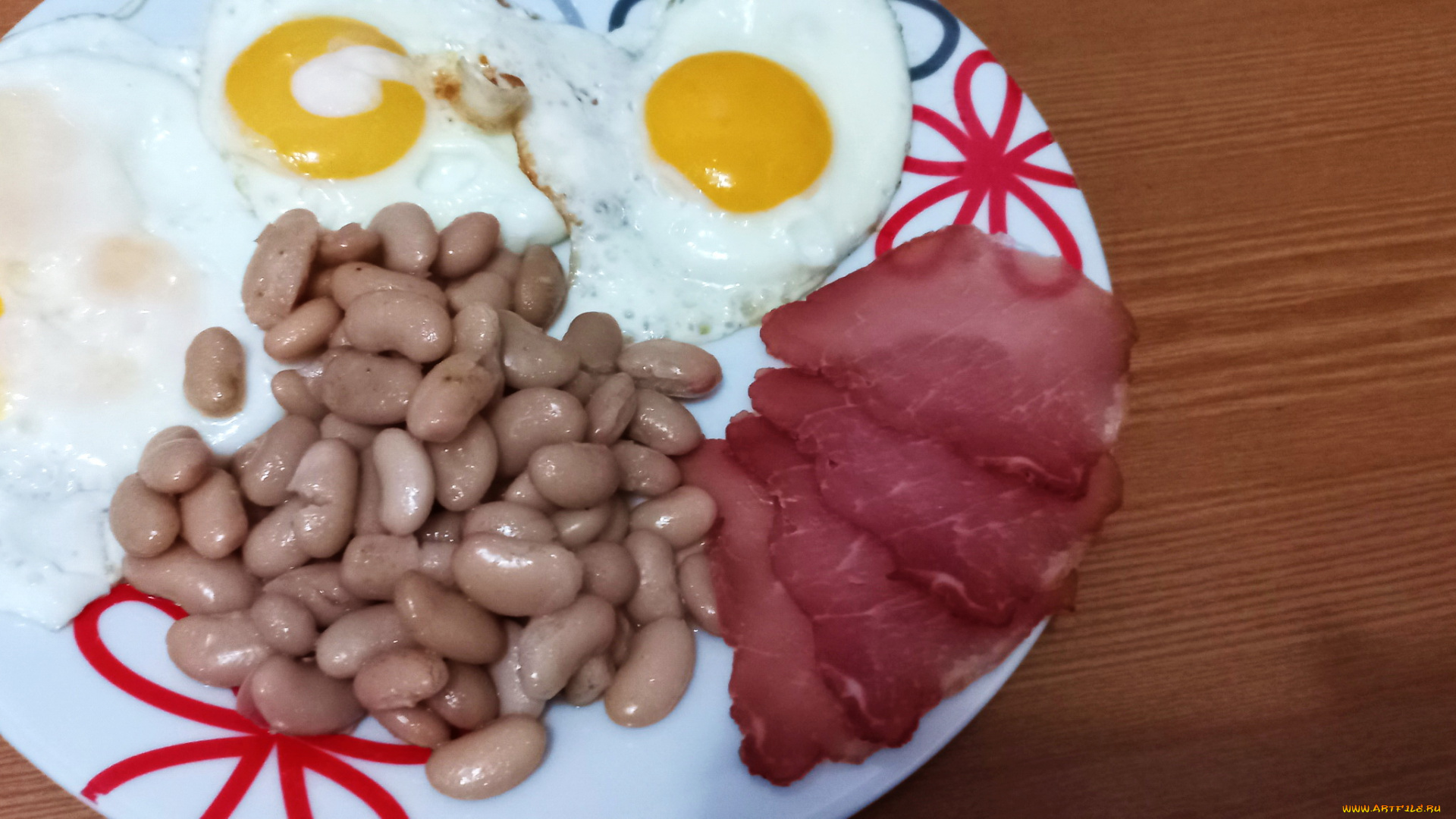 еда, яичные, блюда, яичница, глазунья, фасоль, ветчина
