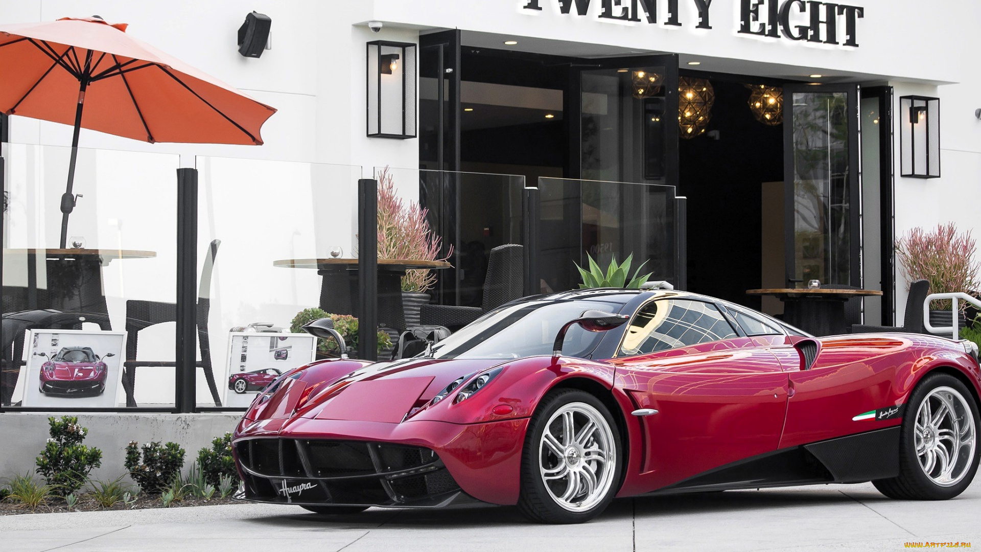 pagani, huayra, автомобили, pagani, красный, здание
