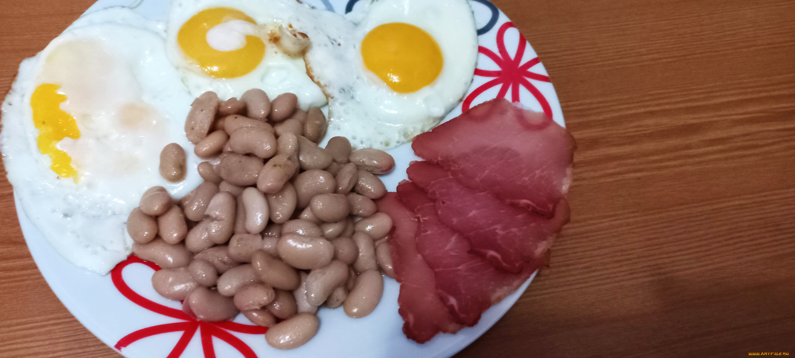 еда, яичные, блюда, яичница, глазунья, фасоль, ветчина