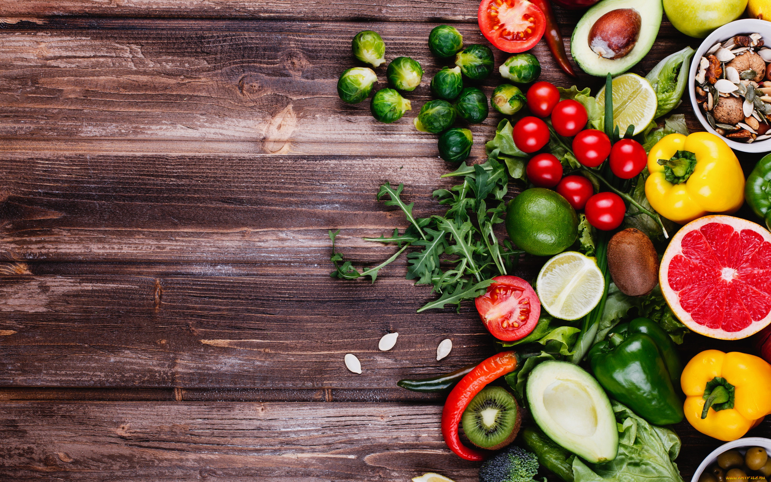 еда, фрукты, и, овощи, вместе, авокадо, киви, грейпфрут, перец, помидоры, зелень