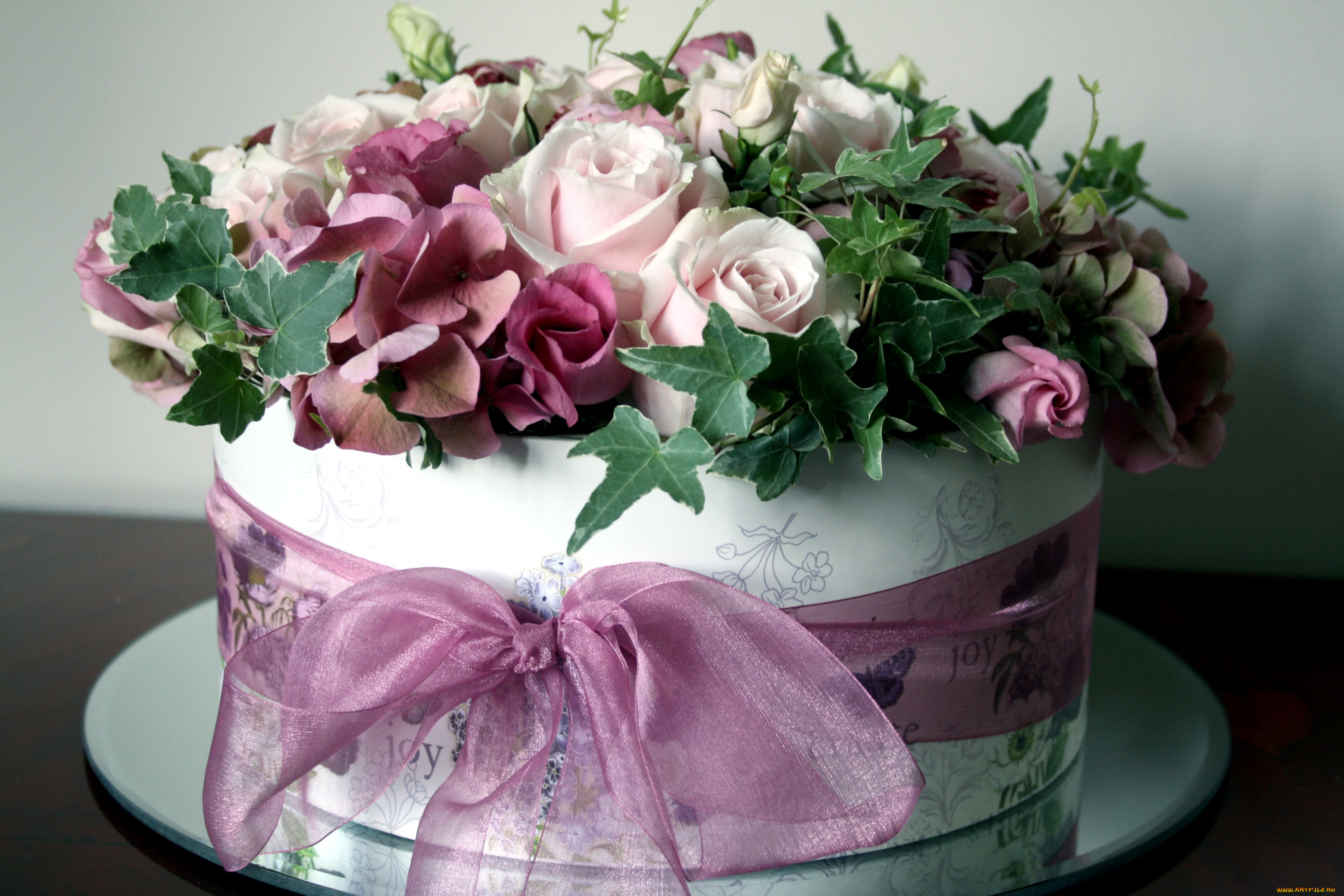 цветы, букеты, композиции, гортензия, розы, эустома, бант