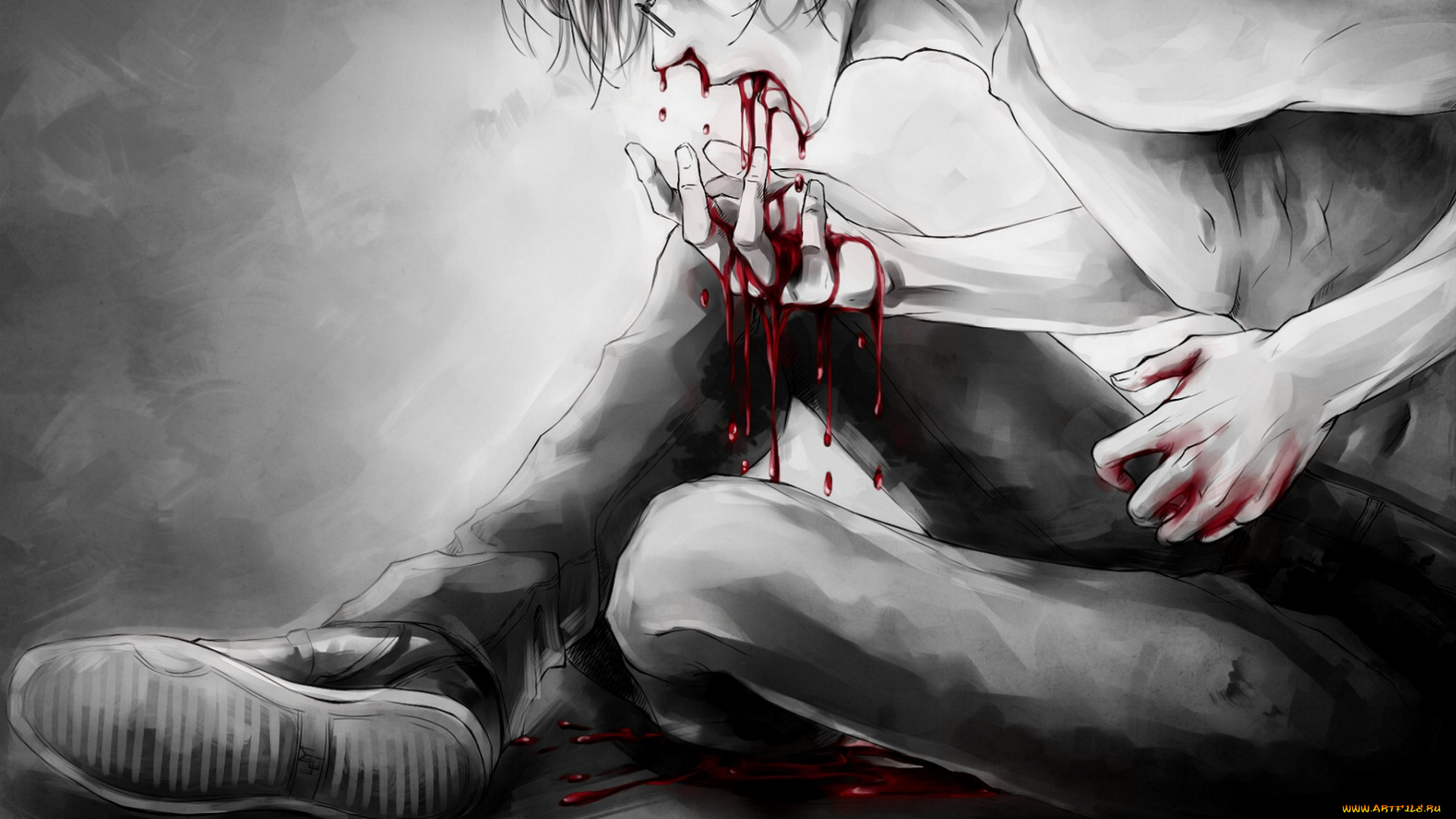 аниме, -weapon, , blood, &, technology, парень, арт, кровь, сидит