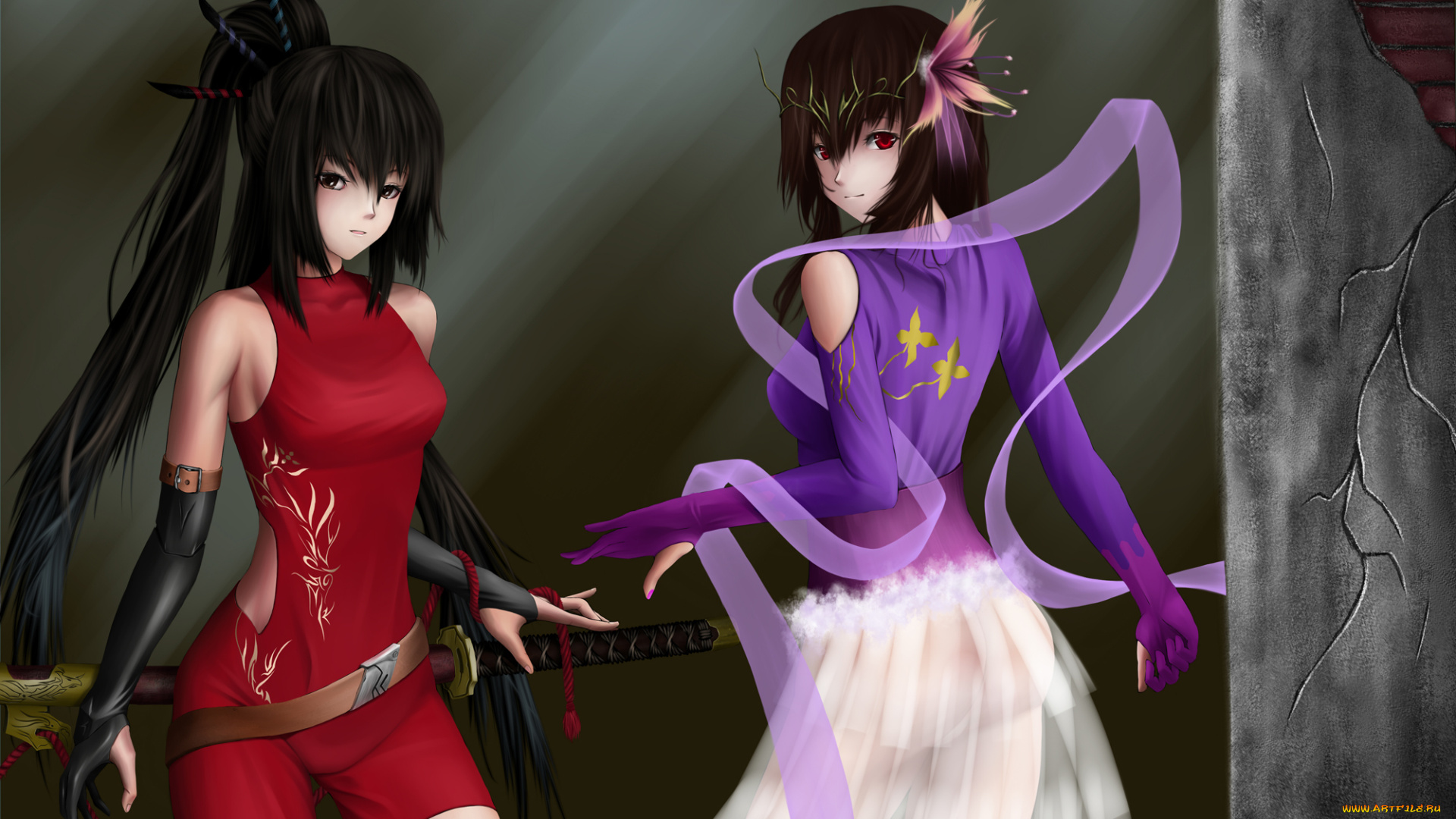 аниме, -weapon, , blood, &, technology, трещина, стена, угол, меч, катана, девушки, арт