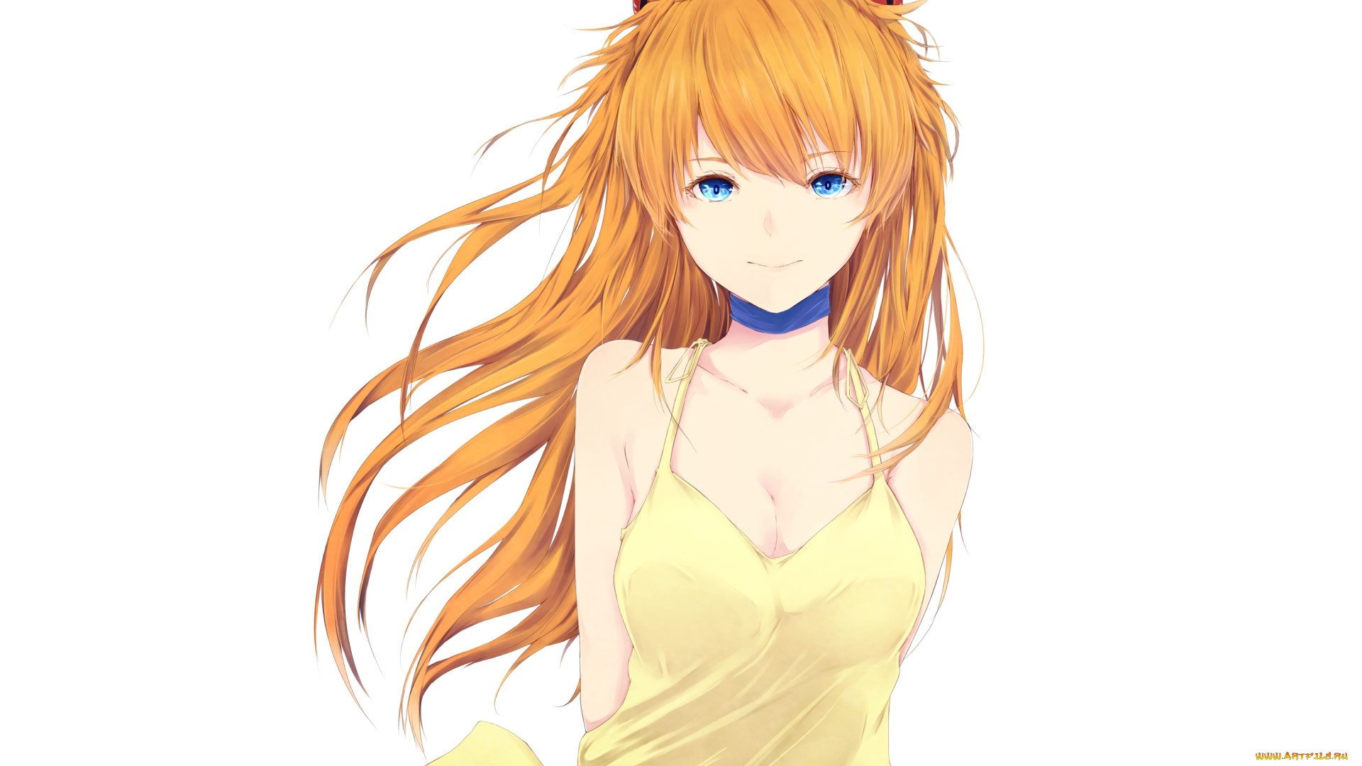 аниме, evangelion, девушка, marumoru, улыбка, взгляд, souryuu, asuka, langley, art, простой, фон, ветер