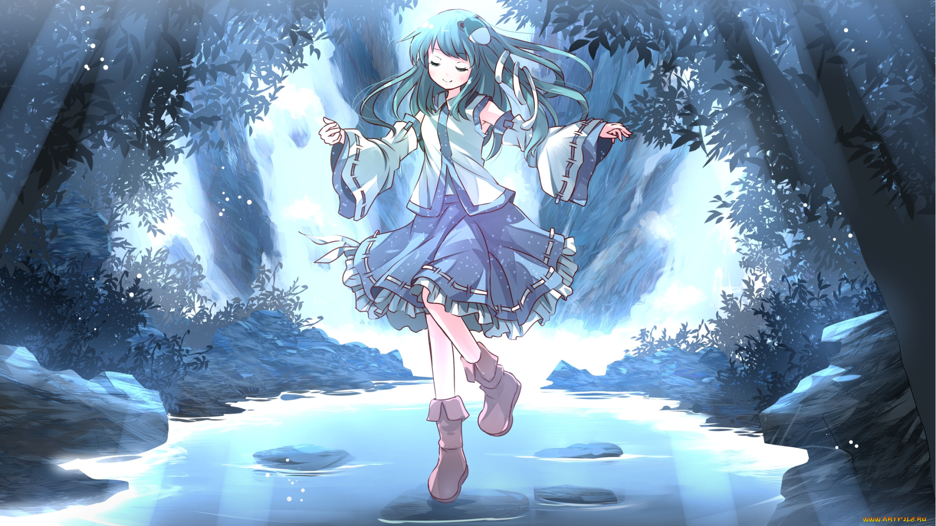 аниме, touhou, арт, девочка, платье, лес, озеро, вода, деревья, лучи