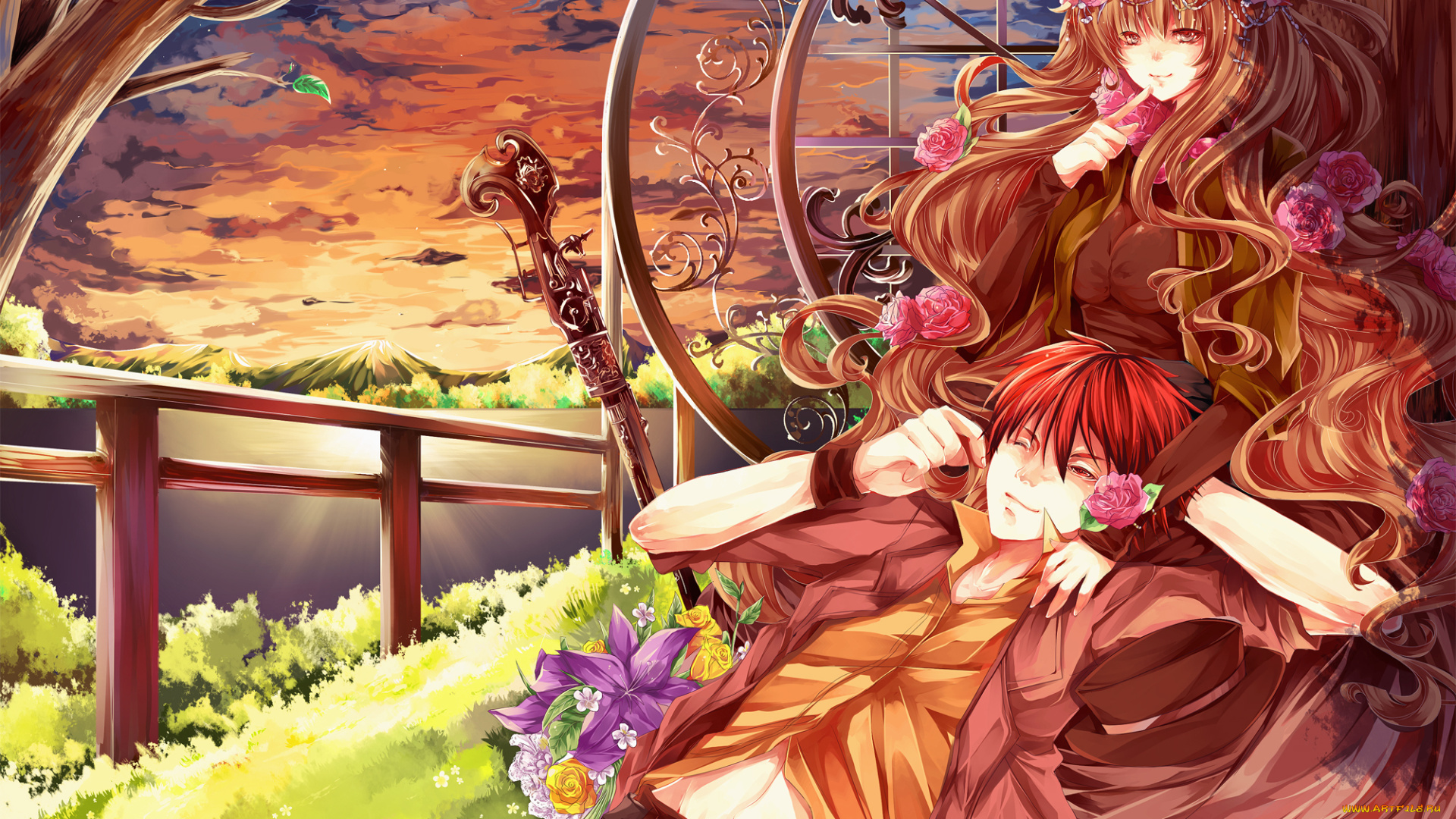 аниме, *unknown, , другое, пейзаж, девушка, парень, арт, револьвер, венок, цветы, озеро, горы, закат