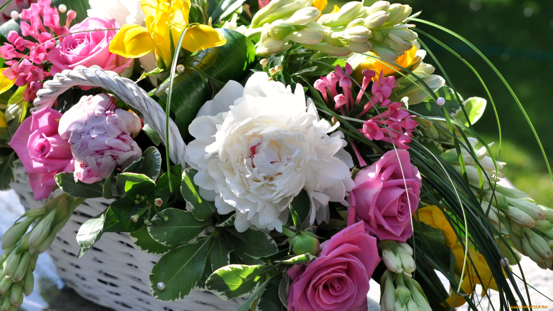 цветы, разные, вместе, ирис, розы, пионы