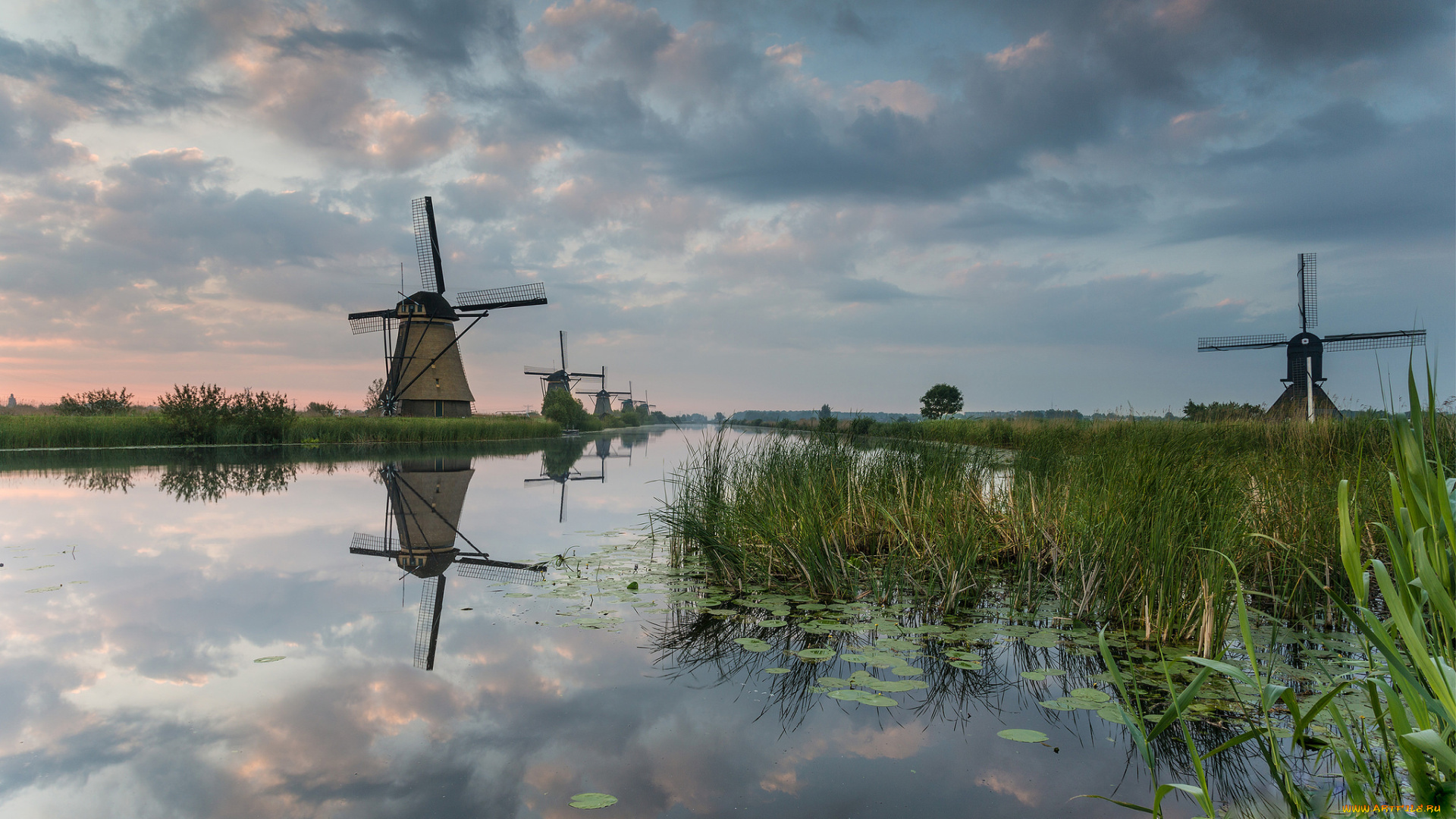 разное, мельницы, трава, ветряки, тучи, река
