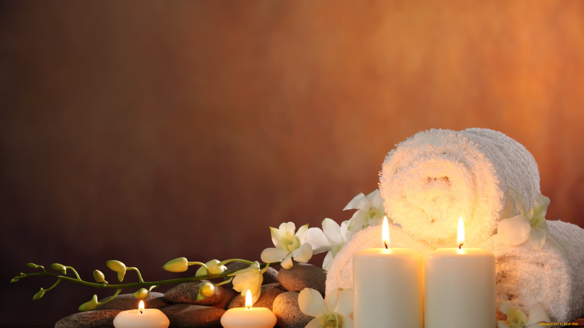 разное, свечи, цветы, white, orchid, спа, камни, flowers, candles, spa, stones, белая, орхидея