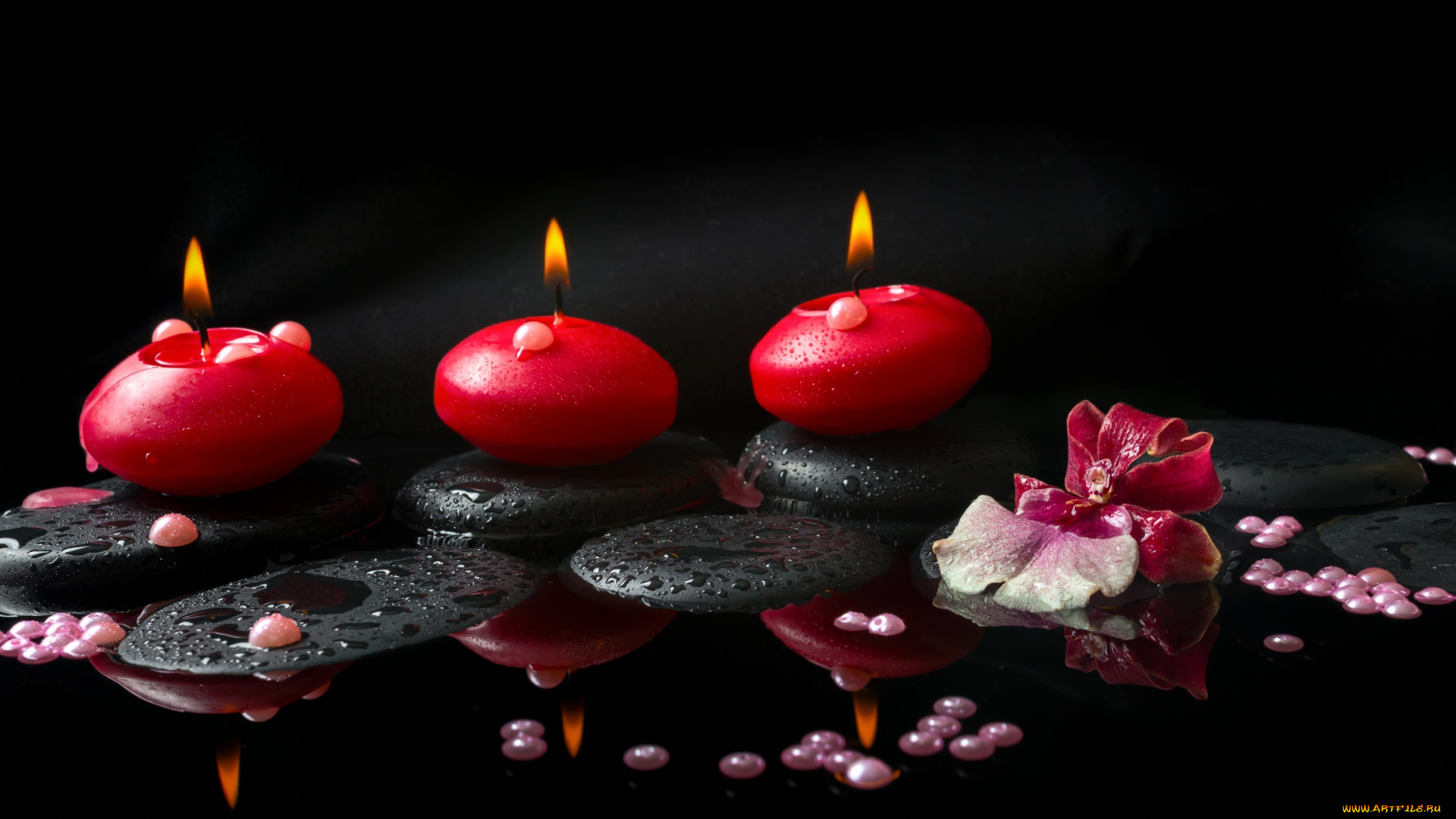 разное, свечи, орхидея, цветок, спа, камни, жемчужины, вода