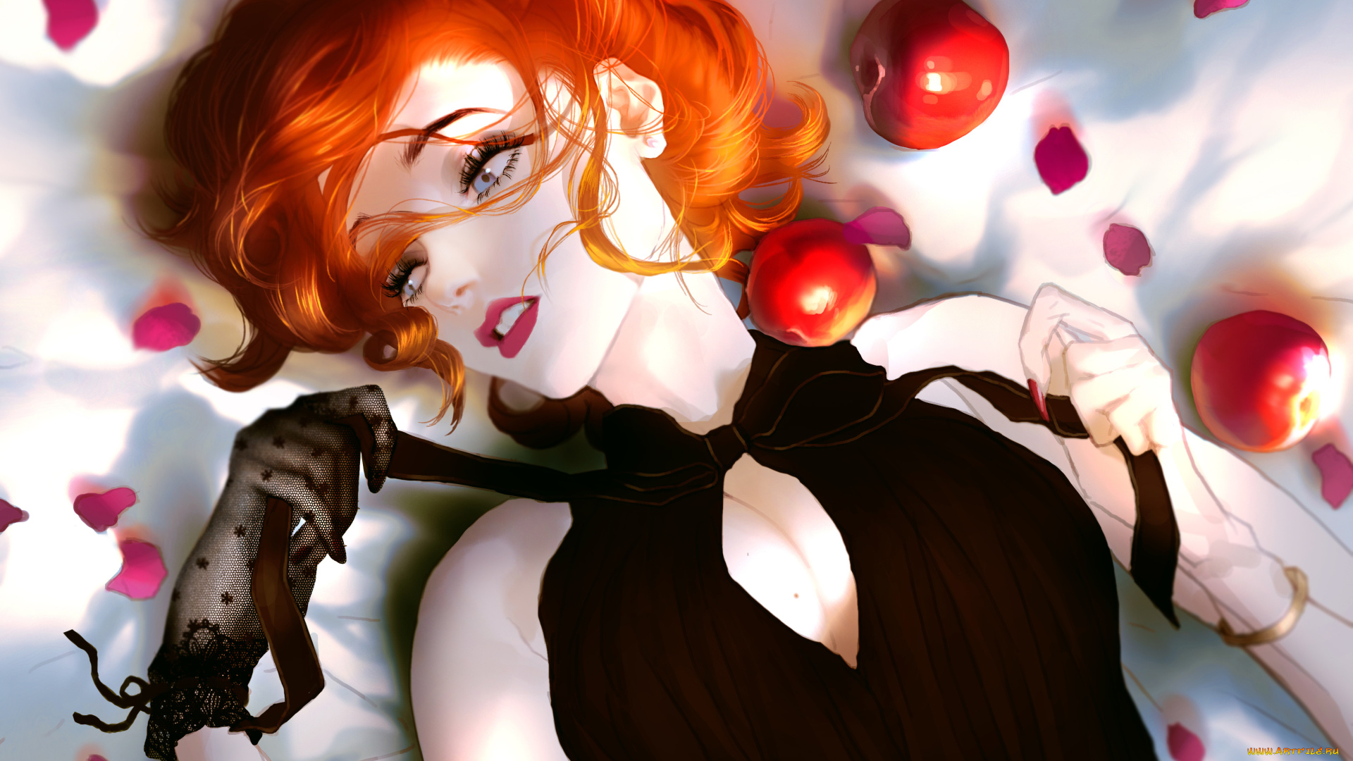 рисованные, люди, rukiana, лежа, перчатка, яблоки, лепестки, платье, рыжая, девушка