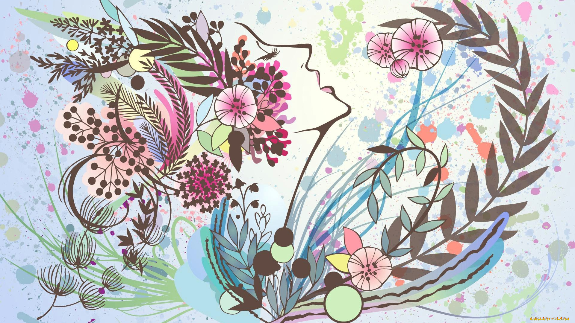 векторная, графика, девушки, цветы, силуэт, девушка