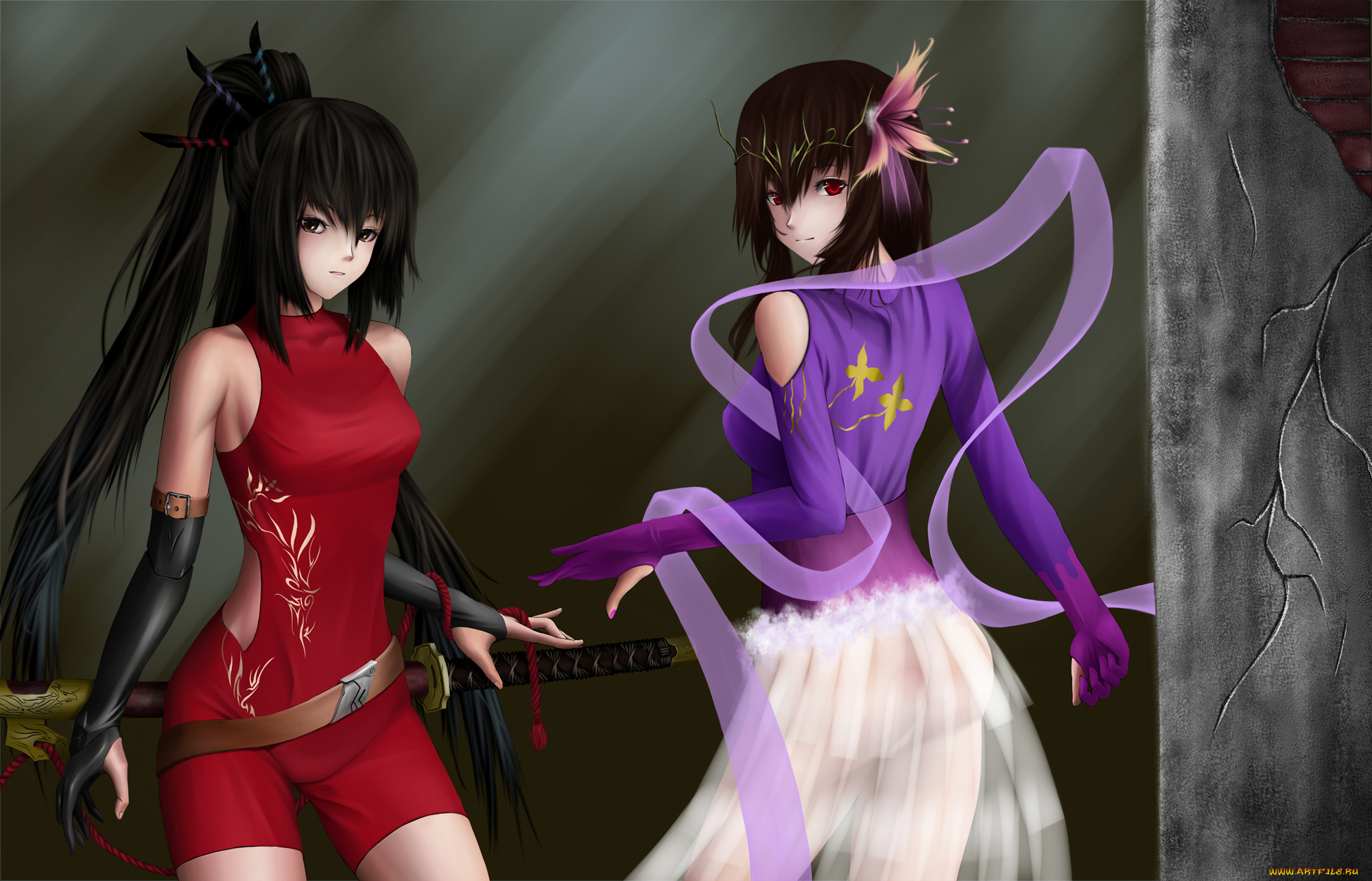 аниме, -weapon, , blood, &, technology, трещина, стена, угол, меч, катана, девушки, арт