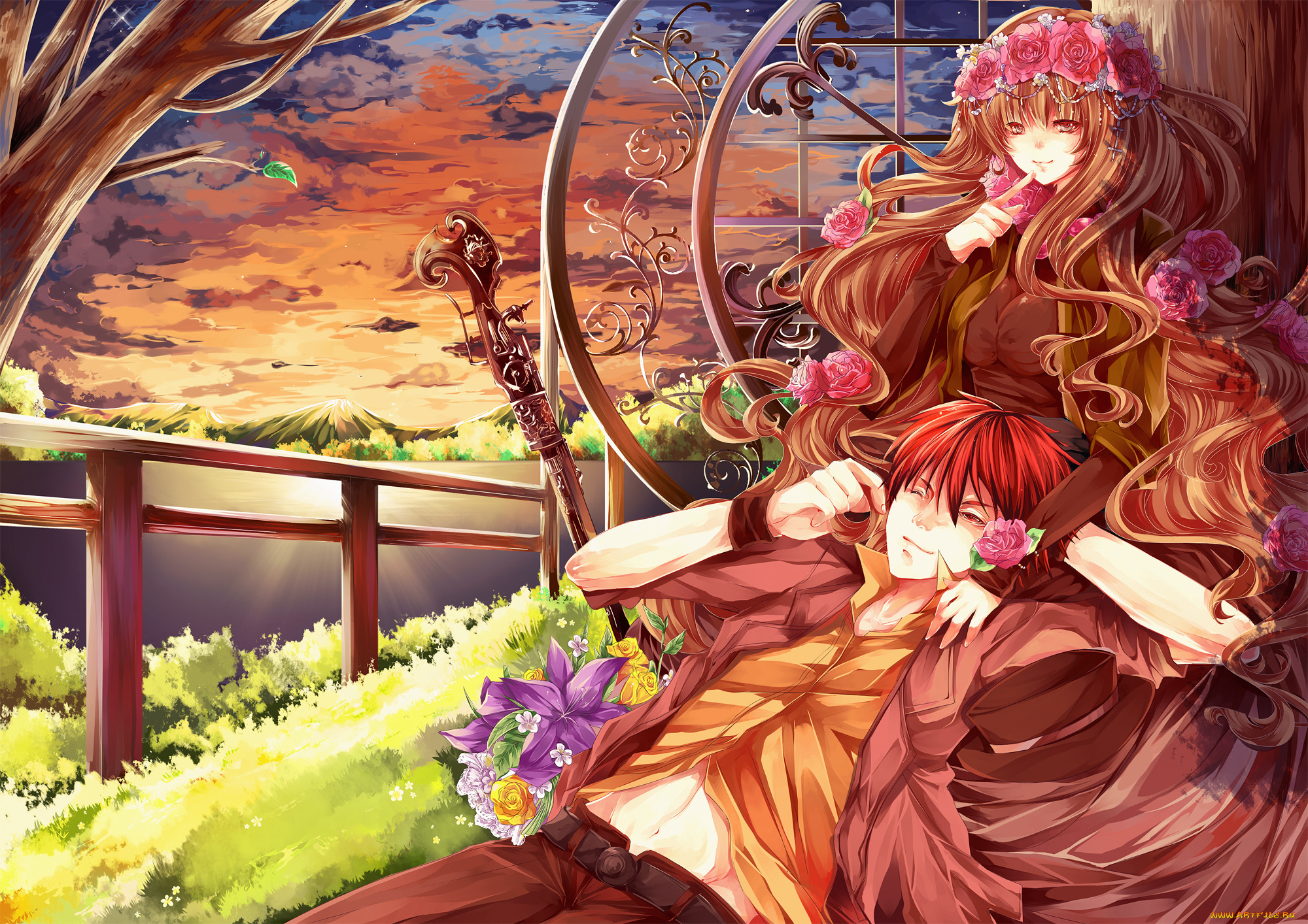 аниме, *unknown, , другое, пейзаж, девушка, парень, арт, револьвер, венок, цветы, озеро, горы, закат