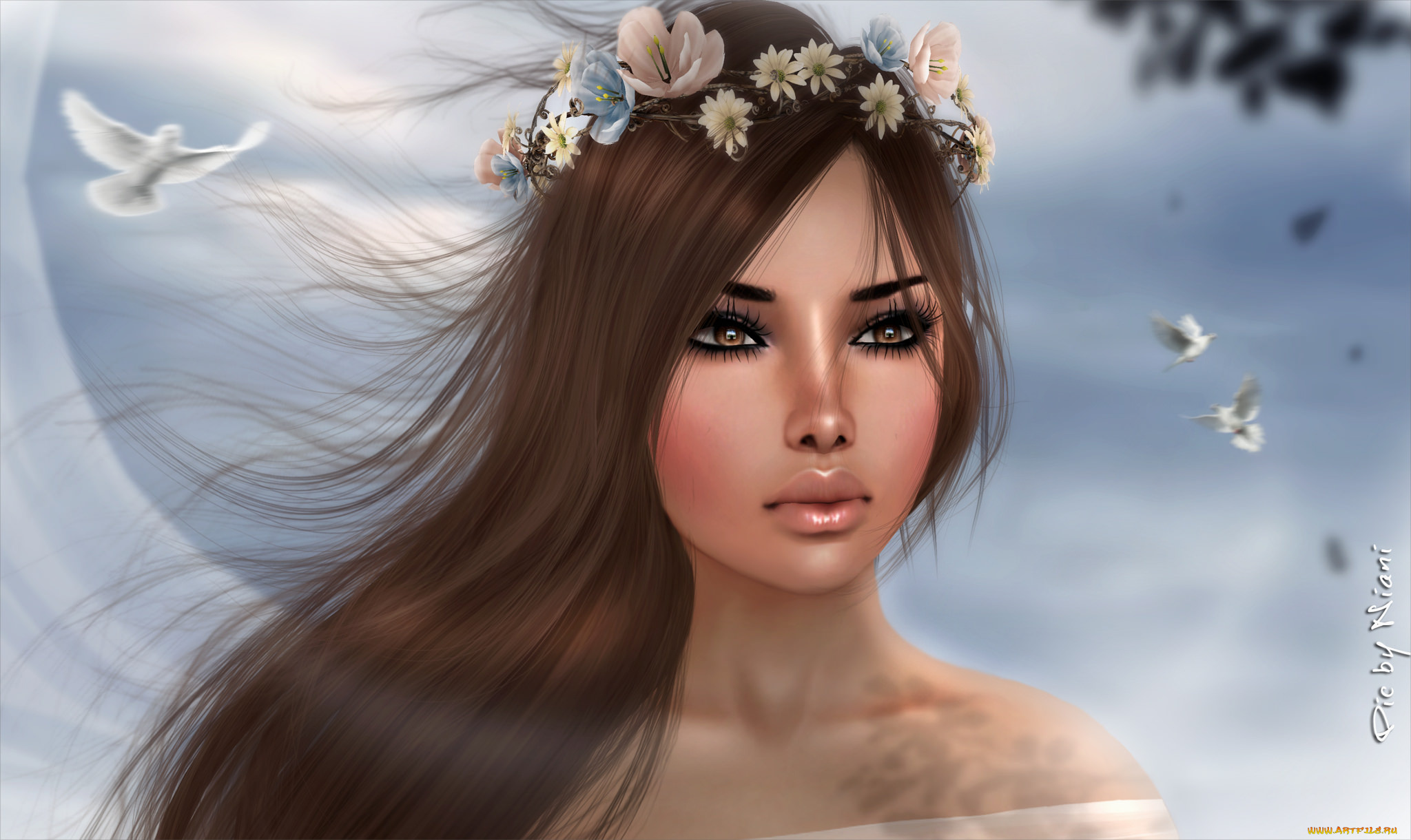 3д, графика, портрет, , portraits, венок