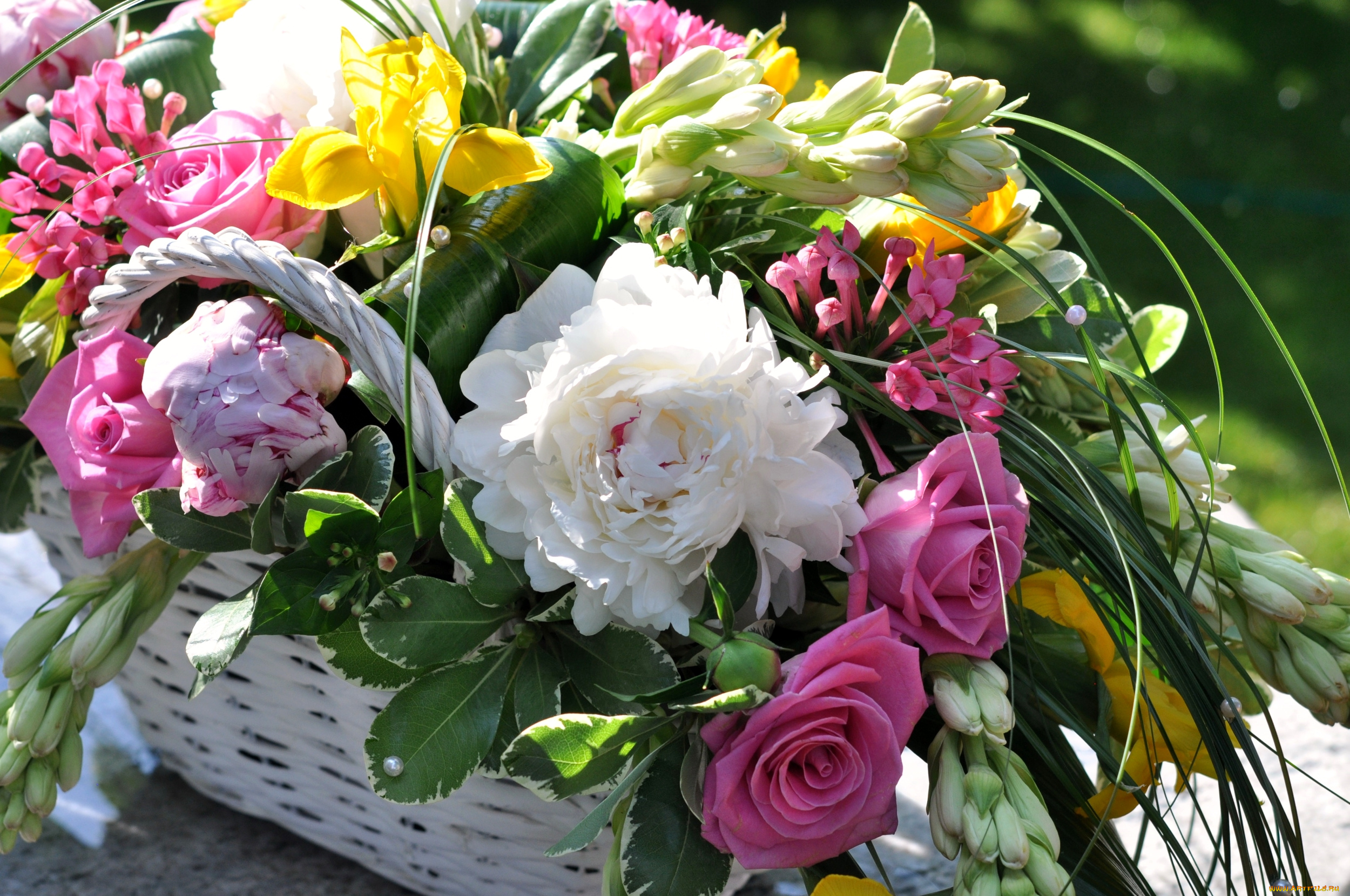 цветы, разные, вместе, ирис, розы, пионы