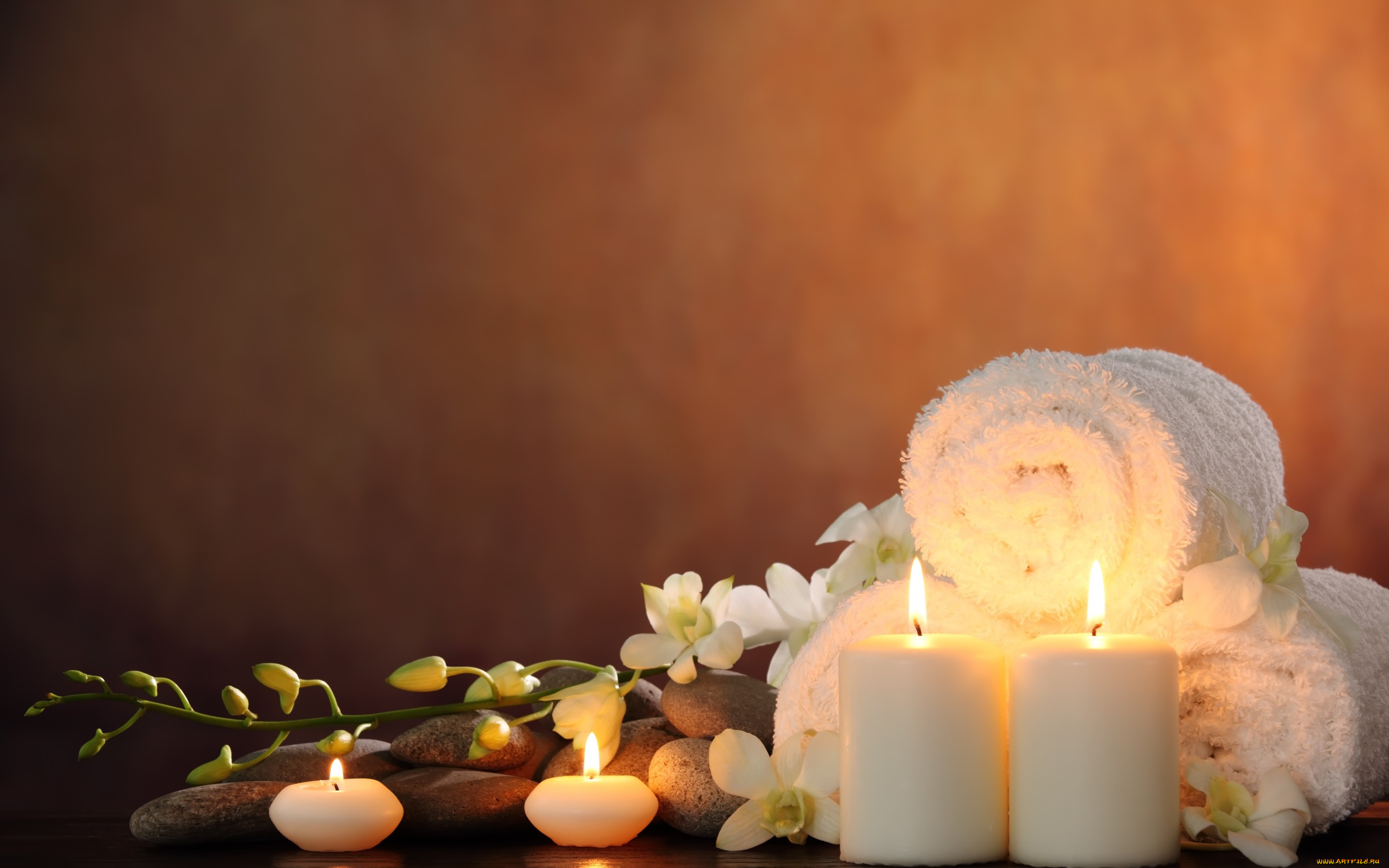 разное, свечи, цветы, white, orchid, спа, камни, flowers, candles, spa, stones, белая, орхидея